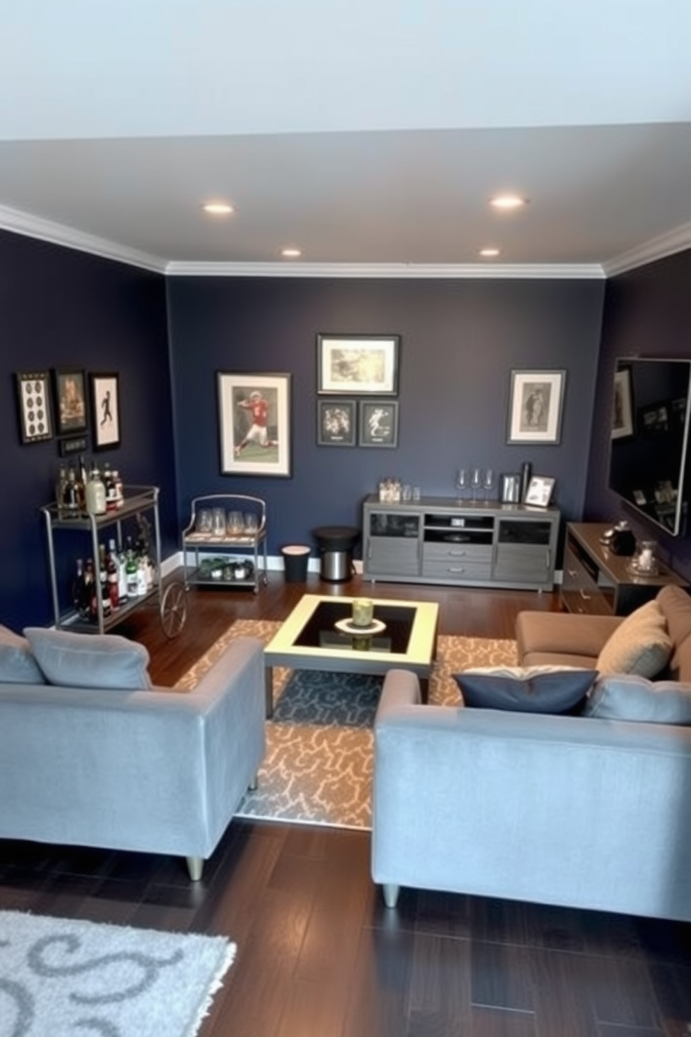 A stylish man cave featuring a blue and gray color palette. The walls are painted a deep navy blue, complemented by a plush gray sectional sofa and a sleek coffee table in the center. In one corner, a modern bar cart displays an array of spirits and glassware, while a large flat-screen TV is mounted above a contemporary entertainment unit. The flooring is a dark hardwood, and decorative accents include framed sports memorabilia and a cozy area rug in shades of gray.