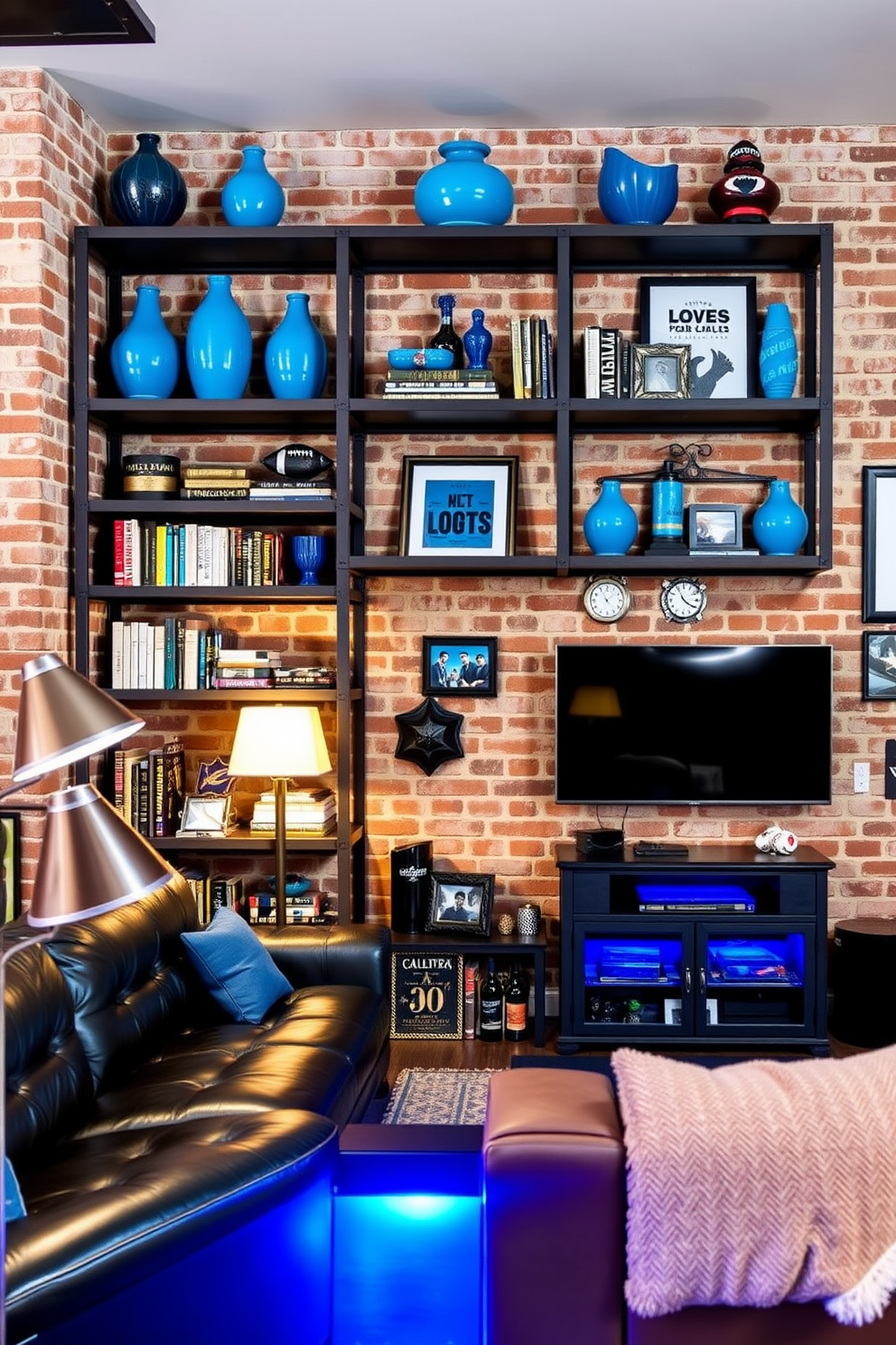 Industrial shelving with blue accents. The shelves are made of dark metal with a rugged finish, showcasing a variety of books and decorative items. The blue accents are incorporated through ceramic vases and framed artwork, adding a pop of color to the space. The background features exposed brick walls, enhancing the industrial aesthetic. Blue Man Cave Design Ideas. The man cave is designed with comfortable leather seating and a large flat-screen TV mounted on the wall. Ambient lighting is provided by stylish floor lamps, and the decor includes sports memorabilia and a mini bar with blue LED lighting.