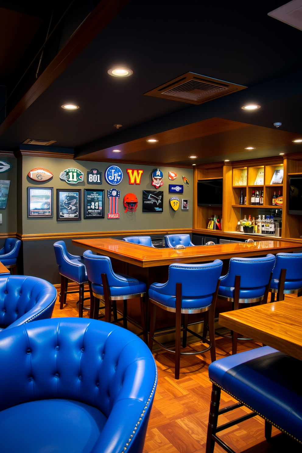 A cozy man cave featuring deep blue walls adorned with sports memorabilia and vintage posters. A large sectional sofa is draped with soft blue throw blankets, creating an inviting space for relaxation and entertainment. In one corner, a rustic wooden bar is stocked with various beverages, complemented by high-top stools. Ambient lighting casts a warm glow, enhancing the overall comfort and style of the room.