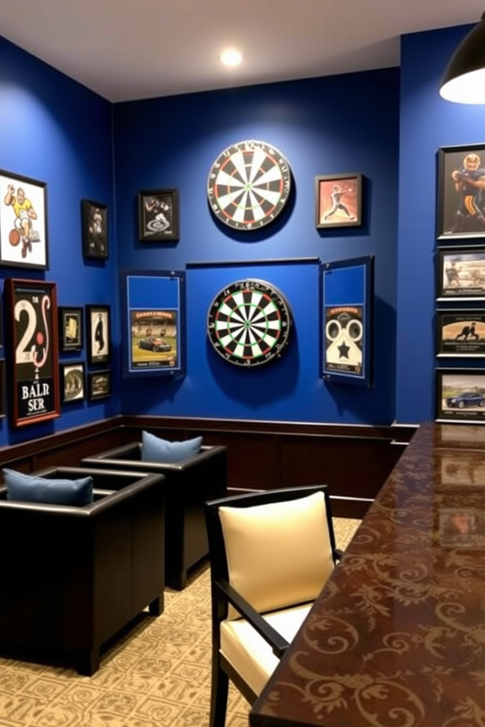 A stylish dartboard area featuring a blue backboard that contrasts beautifully with the surrounding decor. The walls are adorned with framed sports memorabilia, and comfortable seating is arranged nearby for an inviting atmosphere. Incorporating a blue man cave design, the space is accented with dark wood furnishings and ambient lighting. A sleek bar area complements the dartboard, creating a perfect spot for relaxation and entertainment.