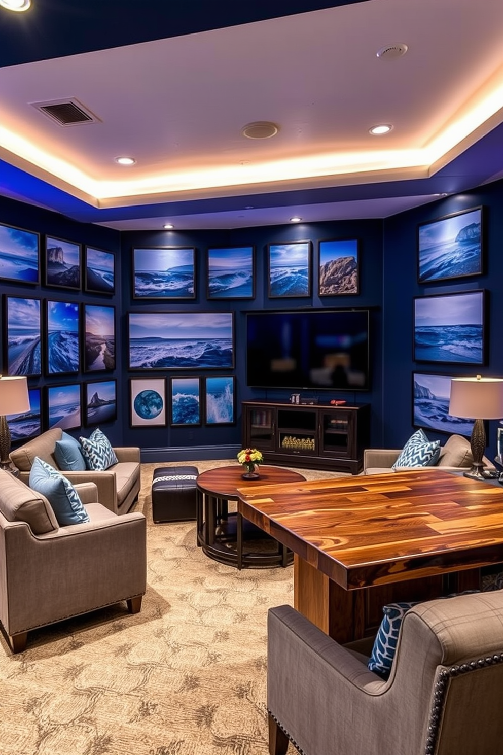 A stylish man cave featuring a deep blue area rug that separates the lounge space from the gaming area. The room is adorned with leather furniture, a large flat-screen TV, and ambient lighting to create a cozy atmosphere. Incorporate a bar cart with sleek finishes and a selection of spirits to enhance the entertainment vibe. Wall art featuring sports memorabilia and framed posters adds personality and character to the space.