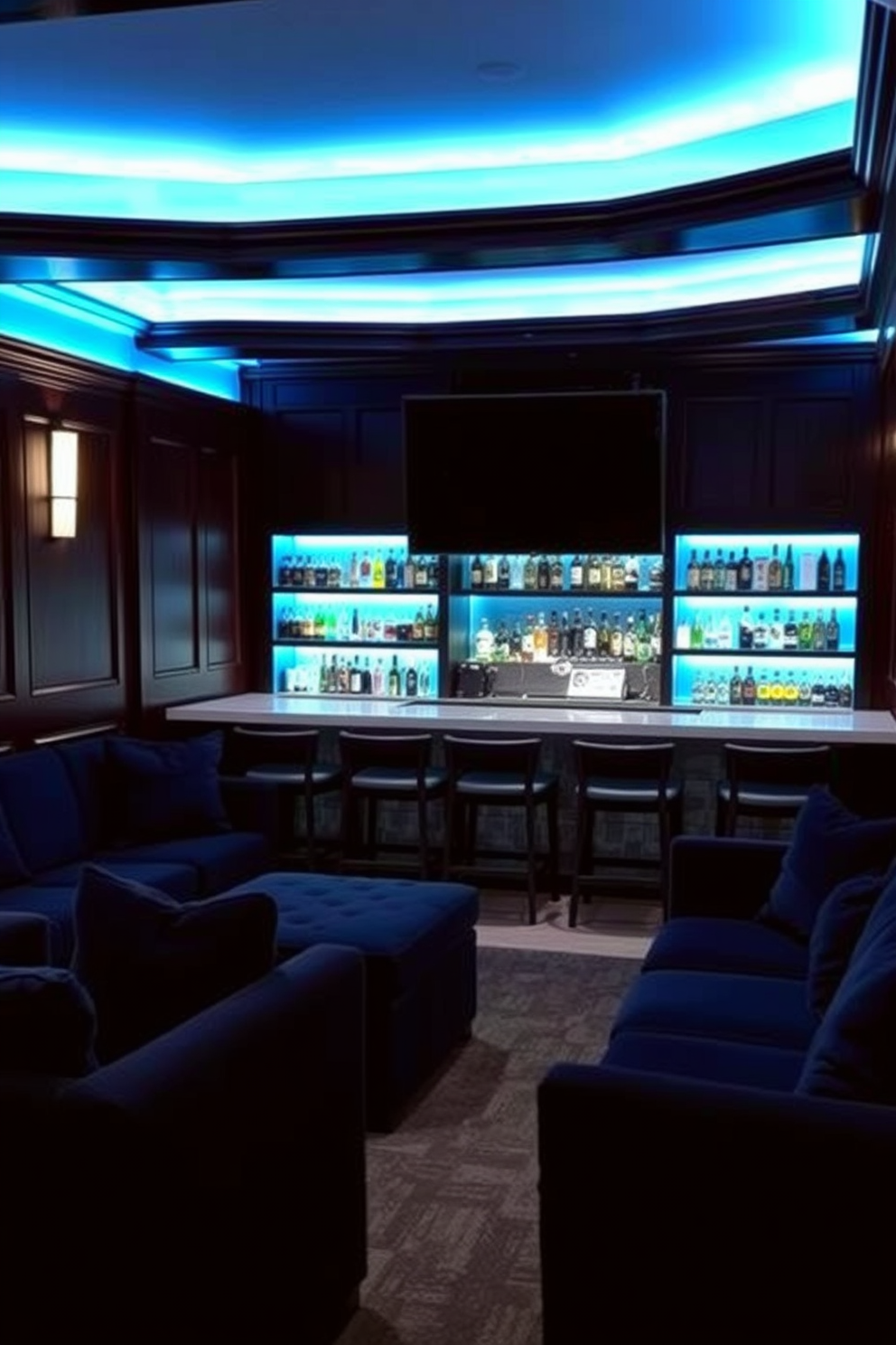 Create a blue-themed sports memorabilia display featuring framed jerseys mounted on the walls. Incorporate shelves showcasing signed footballs and trophies, with ambient lighting highlighting the collection. Design a Blue Man Cave with plush seating in deep navy and accents of sky blue. Include a large flat-screen TV mounted above a custom-built bar with blue LED lighting and sports-themed decor.