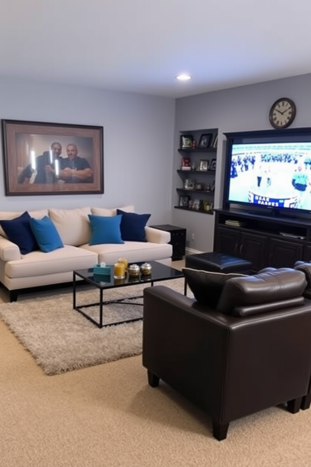 A stylish living room featuring a neutral sofa adorned with blue throw pillows that add a pop of color. The walls are painted in a soft gray, and a modern coffee table sits in front of the sofa, complemented by a plush area rug. An inviting man cave designed with dark wood accents and leather seating. The space includes a large flat-screen TV mounted on the wall, surrounded by shelves filled with sports memorabilia and a mini bar for entertaining guests.