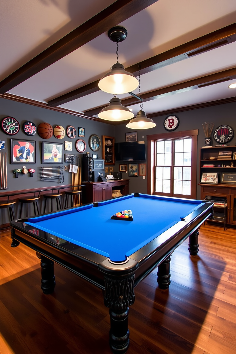 A cozy corner featuring blue bean bag chairs arranged around a low wooden coffee table. The walls are adorned with sports memorabilia and the lighting is soft, creating a relaxed atmosphere. A stylish man cave designed with deep blue walls and leather furniture. A large flat-screen TV is mounted on the wall, accompanied by a mini bar stocked with drinks and snacks.