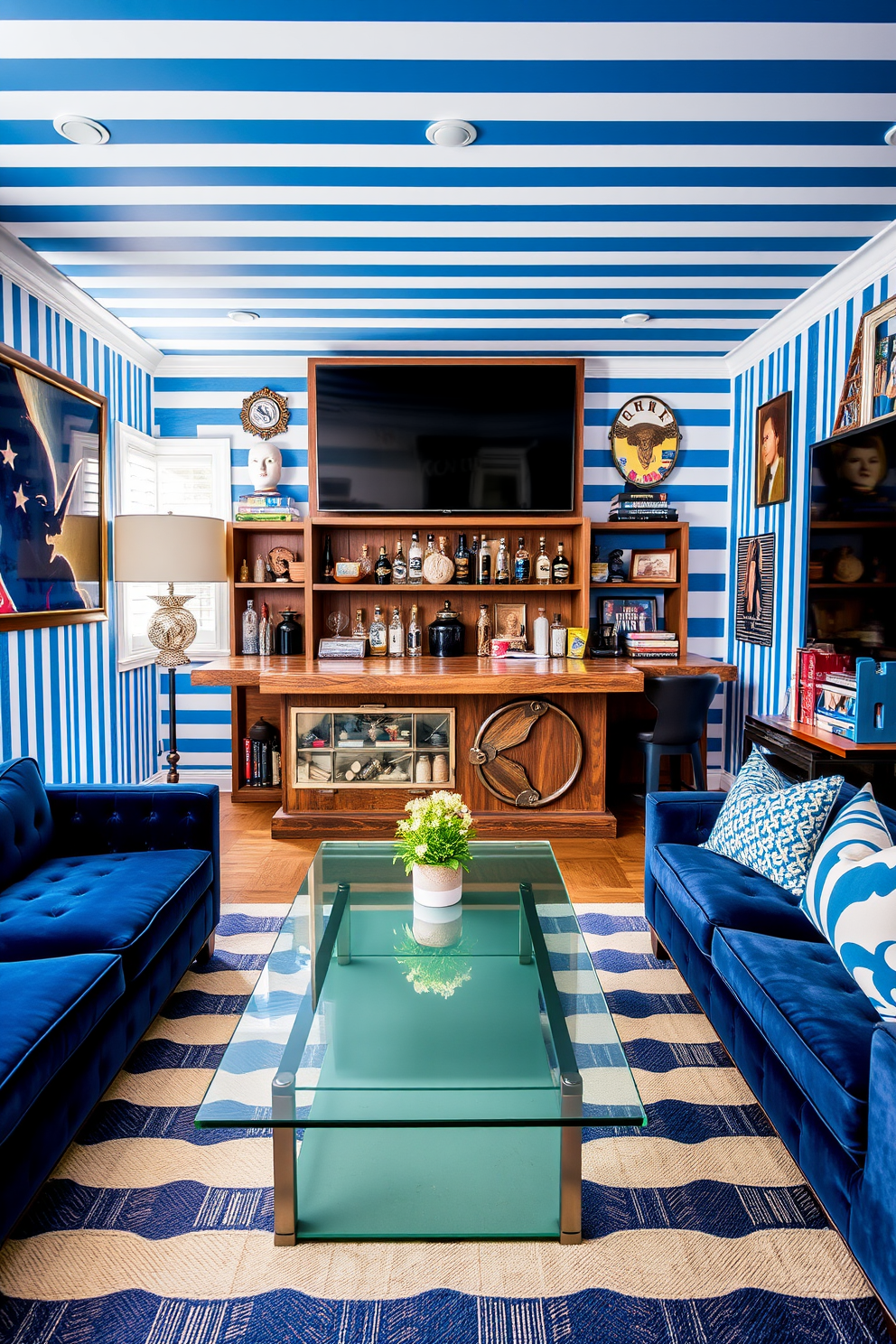 A stylish man cave adorned with blue and white striped wallpaper creates a vibrant atmosphere. The space features a plush navy sofa paired with a sleek glass coffee table at the center. On one side, a rustic wooden bar is stocked with various spirits and barware. A large flat-screen TV is mounted on the opposite wall, framed by decorative shelving filled with books and memorabilia.