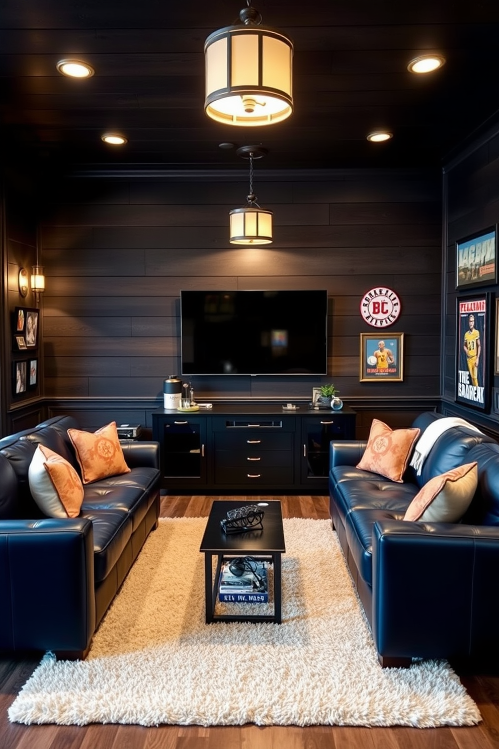 A navy blue leather sectional sofa is positioned in the center of a stylish man cave. The walls are adorned with dark wood paneling, and a large flat-screen TV is mounted above a sleek black media console. Cozy lighting fixtures create a warm ambiance, while a plush area rug anchors the seating area. Vintage sports memorabilia and framed posters add a personal touch to the decor.