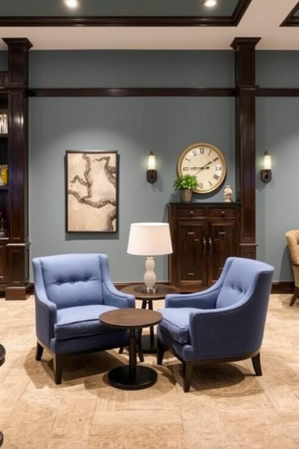 A customized blue gaming station setup featuring a sleek blue desk with built-in LED lighting. The ergonomic gaming chair is upholstered in dark blue fabric, and multiple monitors are mounted on the wall, showcasing vibrant game graphics. The blue man cave design includes plush seating arrangements with navy blue leather sofas and a matching area rug. Ambient lighting enhances the atmosphere, while wall-mounted shelves display collectibles and gaming memorabilia.