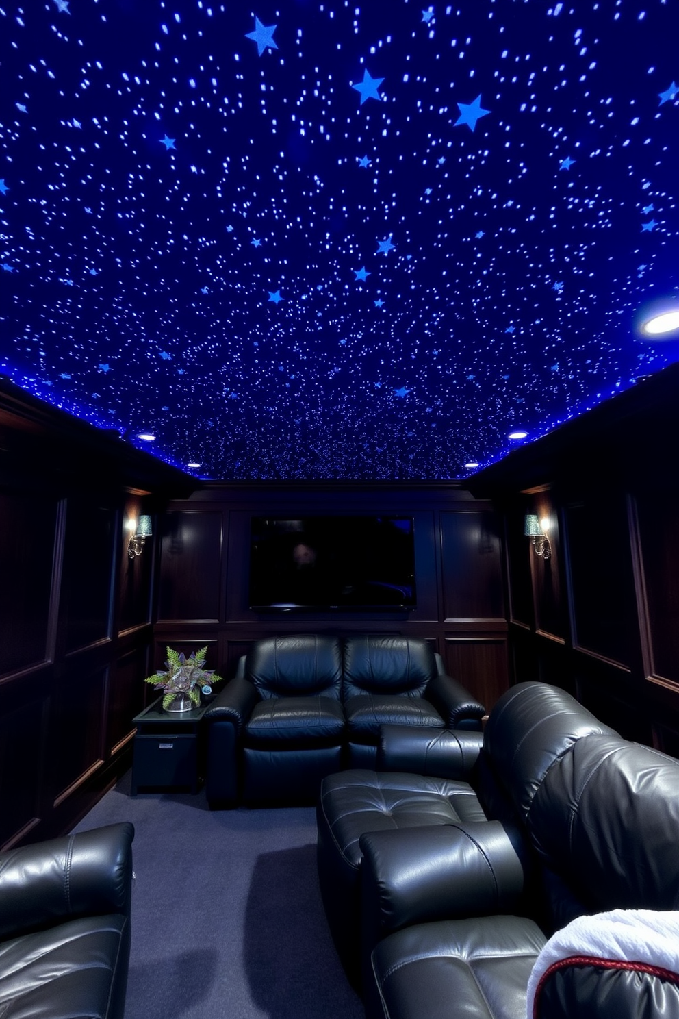 A cozy man cave featuring a blue ceiling adorned with a starry night effect, creating a tranquil and inviting atmosphere. The walls are lined with dark wood paneling and plush leather seating, complemented by ambient lighting that enhances the celestial theme.