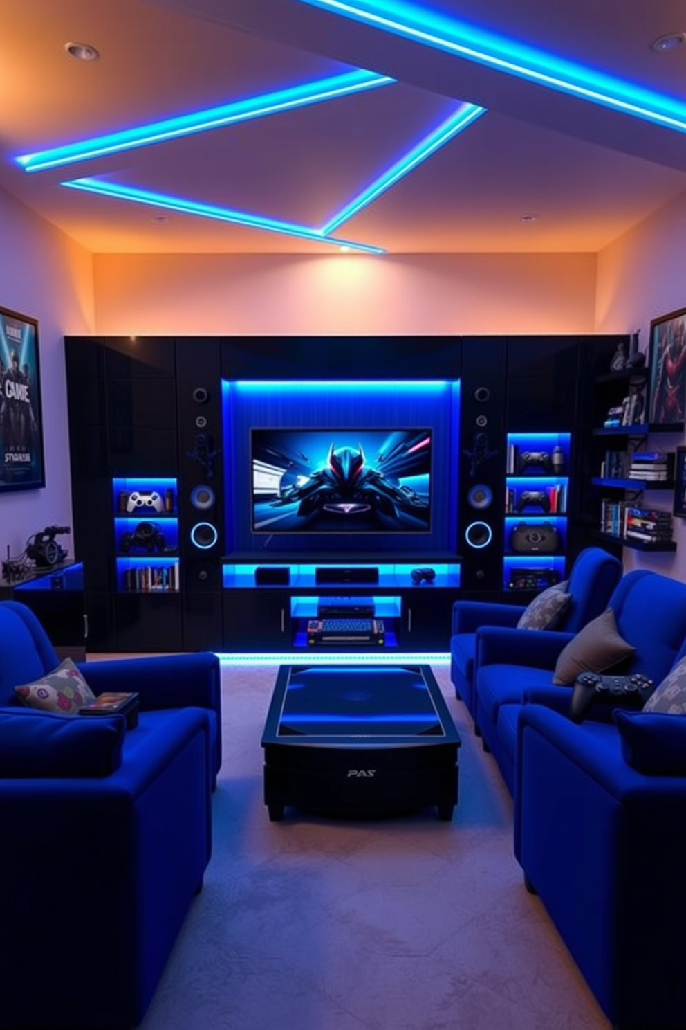 A game console setup featuring a sleek black entertainment center adorned with vibrant blue accents. The room is illuminated by LED strip lights that cast a soft blue glow, creating an immersive gaming atmosphere. The man cave design showcases plush blue seating arranged around a large flat-screen TV. Walls are decorated with framed gaming posters and shelves filled with collectibles, enhancing the overall theme.