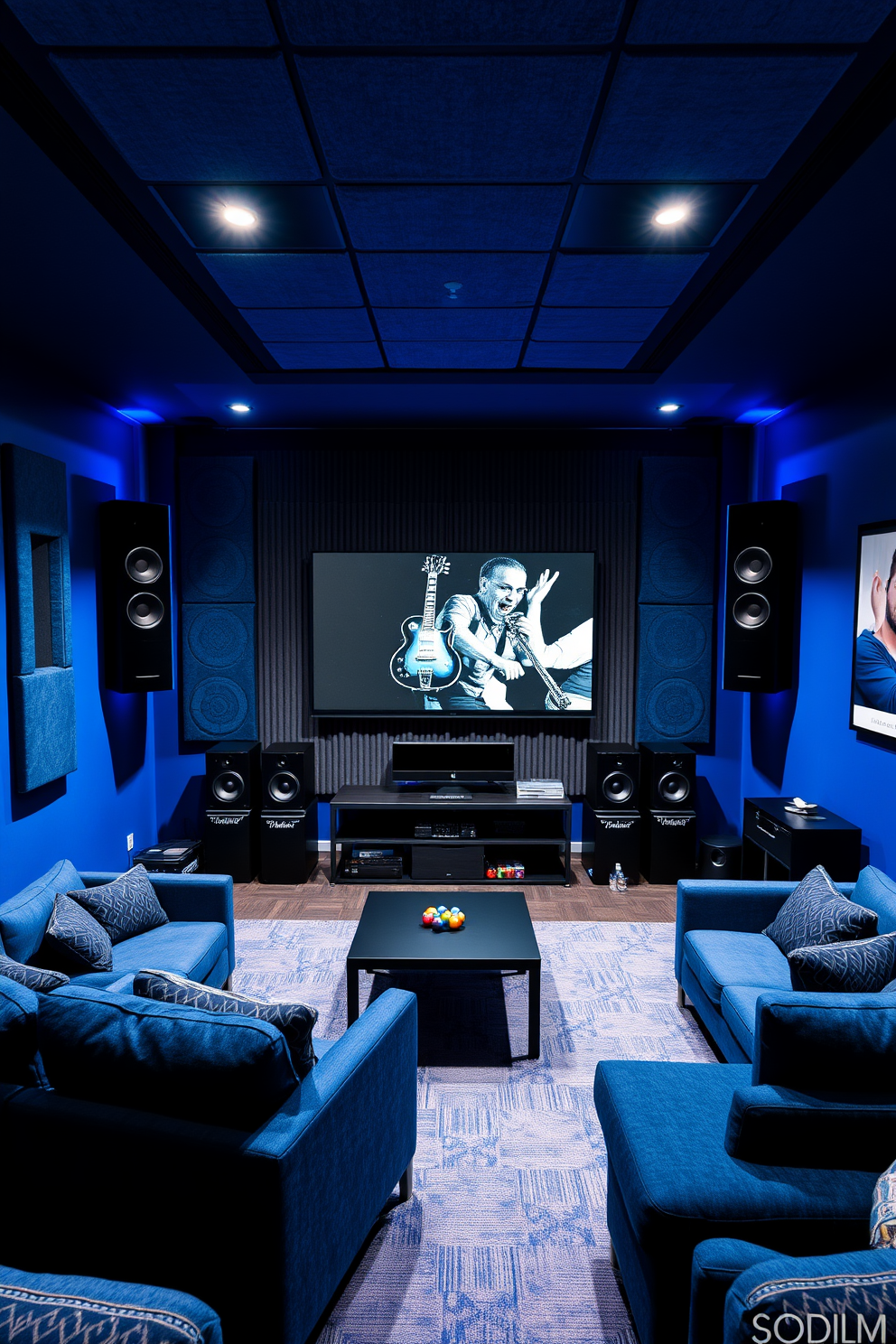 A blue-themed sound system designed for music lovers features sleek speakers with a modern aesthetic, complementing the rich blue walls adorned with sound-absorbing panels. The room is equipped with comfortable seating, ambient lighting, and a large screen for an immersive audio-visual experience. The Blue Man Cave design incorporates deep blue tones with contrasting elements of gray and black, creating a cozy yet stylish retreat. Furnishings include plush sofas, a pool table, and wall art that reflects a love for music and entertainment.