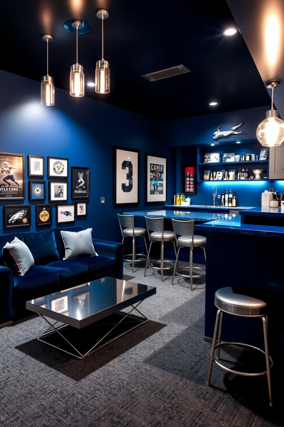 Creative blue ceiling design with patterns. The ceiling features a deep navy blue with intricate geometric patterns in lighter blue tones, creating a striking focal point in the room. Blue Man Cave Design Ideas. The space is designed with plush blue leather sofas, a large flat-screen TV mounted on the wall, and ambient lighting that enhances the cozy atmosphere.