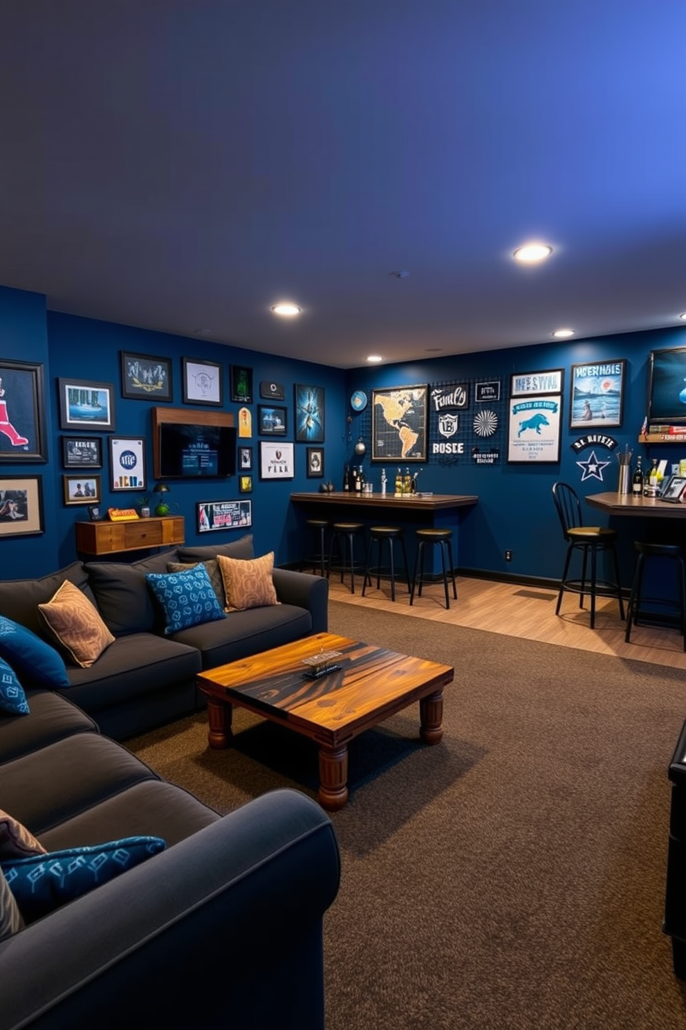 A cozy man cave featuring deep blue wall decals that reflect a personalized style. The room is furnished with a large sectional sofa and a rustic wooden coffee table, creating an inviting atmosphere for relaxation and entertainment. The walls are adorned with various blue-themed artwork and memorabilia, enhancing the overall aesthetic. A sleek bar area is positioned in one corner, complete with high stools and ambient lighting to set the mood for gatherings.