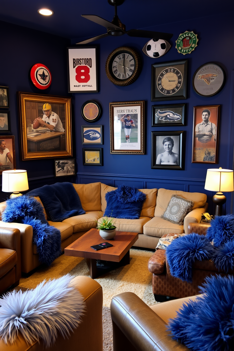 A cozy man cave featuring deep blue walls adorned with sports memorabilia and framed artwork. A plush sectional sofa is complemented by blue faux fur throws, creating a warm and inviting atmosphere for relaxation and entertainment. The space includes a rustic wooden coffee table surrounded by comfortable seating options. Ambient lighting from stylish floor lamps enhances the overall vibe, making it the perfect retreat for friends and family gatherings.