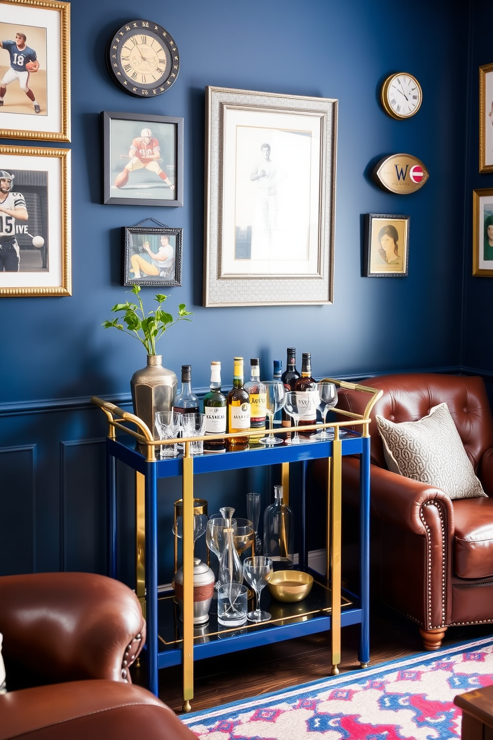 A blue bar cart stands elegantly in the corner of the room, showcasing an array of premium spirits and glassware. The cart features sleek gold accents and is adorned with a decorative plant, adding a touch of sophistication to the space. The man cave is designed with deep blue walls and comfortable leather seating that invites relaxation. Vintage sports memorabilia and framed artwork adorn the walls, creating a personalized atmosphere perfect for entertaining friends.