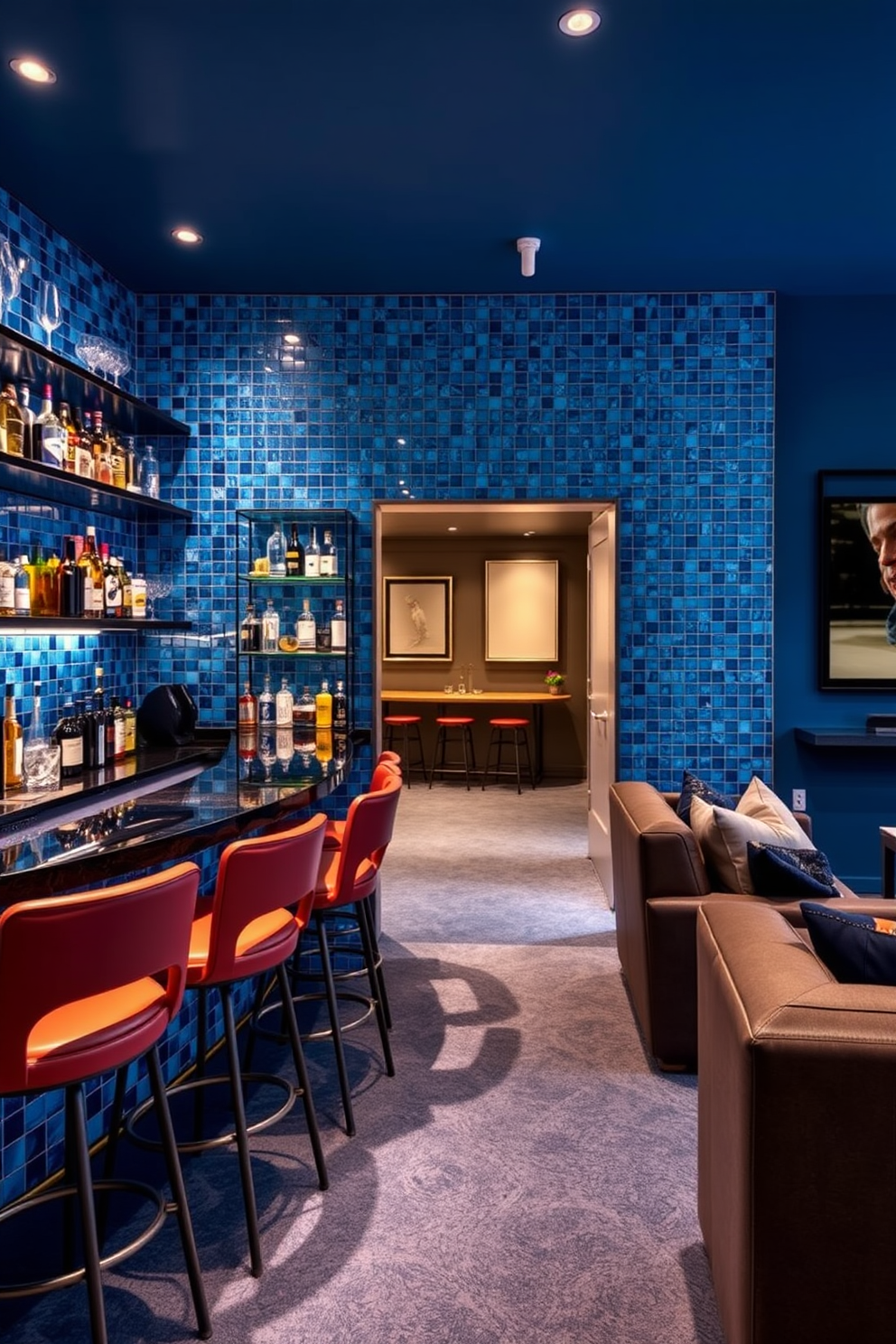 A stylish bar area designed with a blue theme. The bar features a sleek navy blue countertop with modern bar stools upholstered in a lighter shade of blue. The walls are adorned with blue and white artwork, creating a vibrant atmosphere. Soft ambient lighting highlights the shelves stocked with an array of colorful cocktail ingredients. A cozy man cave designed with deep blue accents. The space includes a plush sectional sofa and a large flat-screen TV mounted on the wall. Rich wooden elements complement the blue decor, creating a warm and inviting environment. A mini-fridge stocked with beverages is conveniently placed nearby for easy access.