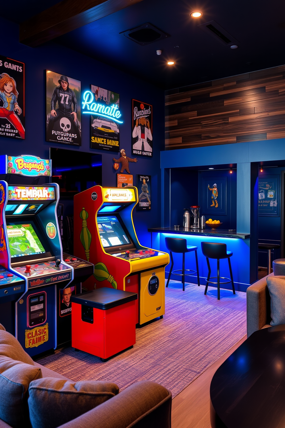 A vintage arcade game setup in an entertainment area features classic machines with vibrant colors and retro designs. The walls are adorned with posters of iconic games, and soft neon lights create a nostalgic atmosphere. The Blue Man Cave design incorporates deep blue walls paired with dark wood accents for a cozy yet modern feel. Plush seating options and a sleek bar area invite relaxation and socializing, while strategically placed lighting enhances the room's ambiance.