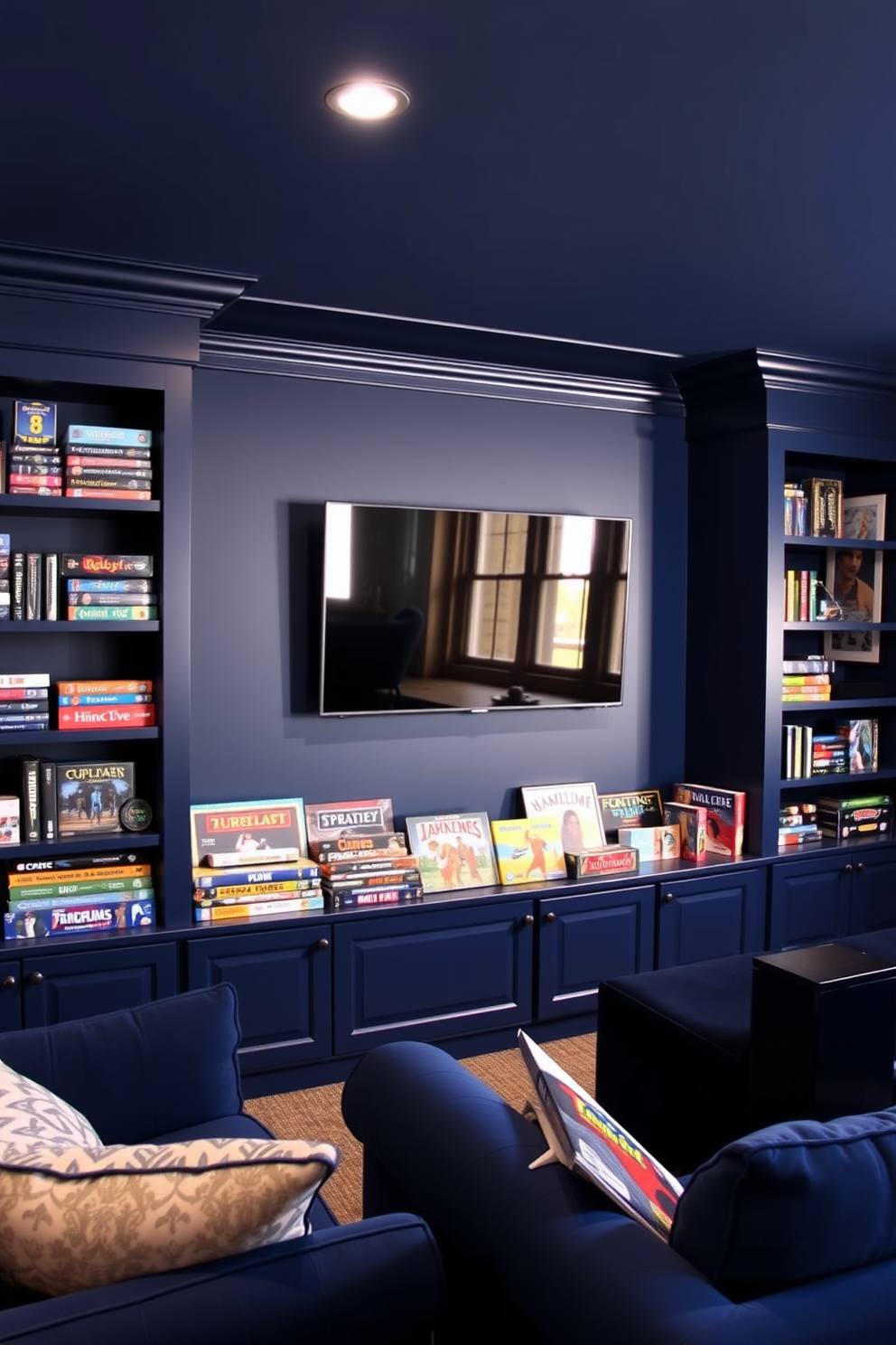 A stylish display of blue themed board games is arranged on custom shelving. The shelves are painted a deep navy blue, and the games are neatly stacked with some displayed upright, showcasing their colorful covers. The man cave features a rich blue color palette with plush seating and ambient lighting. A large wall-mounted TV is the focal point, surrounded by framed posters of classic games and sports memorabilia.