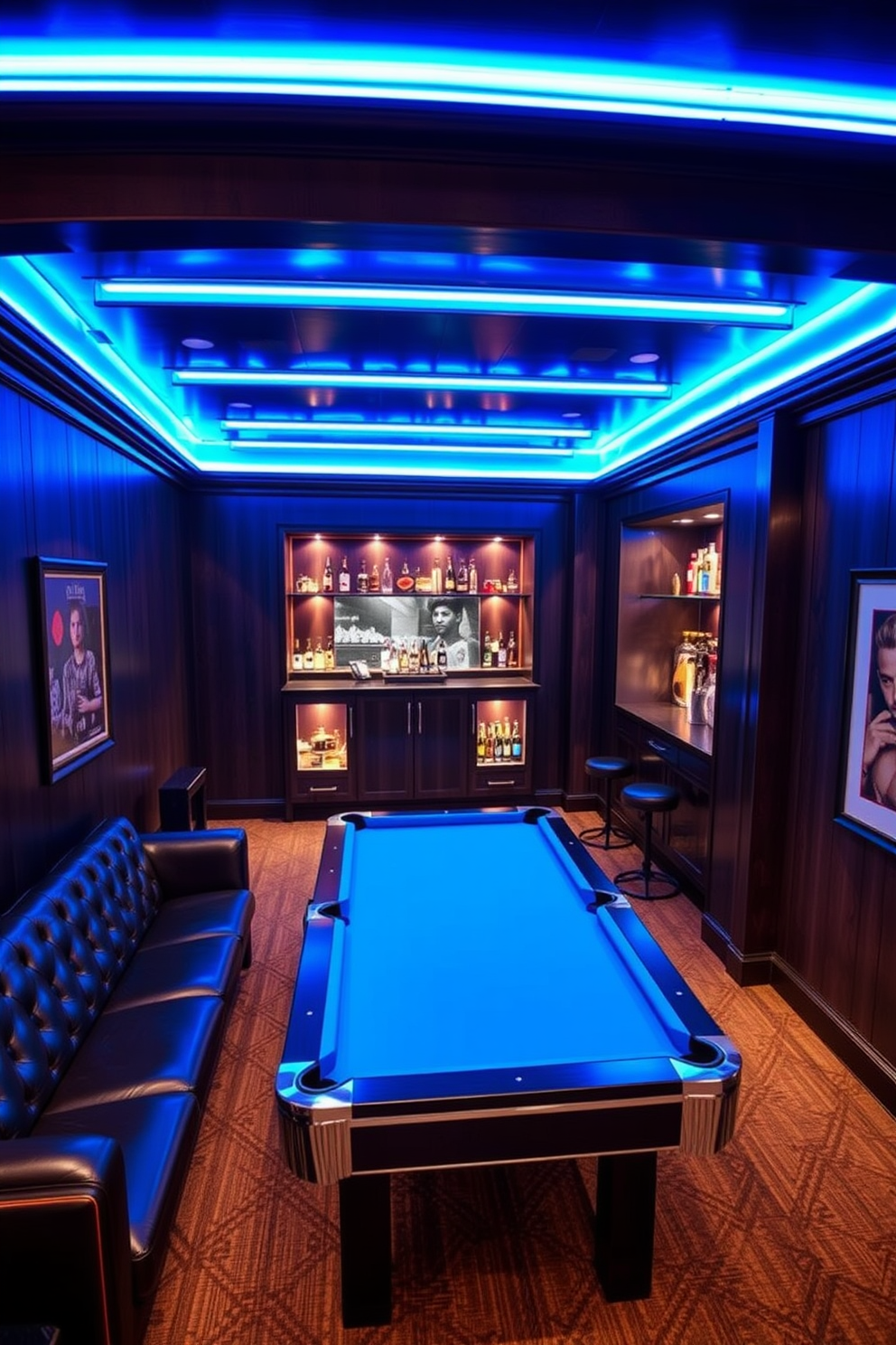 A stylish man cave featuring blue neon lights that create a vibrant ambiance. The walls are adorned with dark wood paneling, and a plush leather sofa is positioned in front of a sleek entertainment center. In the corner, a custom-built bar showcases illuminated shelves filled with various spirits. A pool table with a blue felt surface adds a touch of fun, while framed artwork enhances the overall aesthetic.