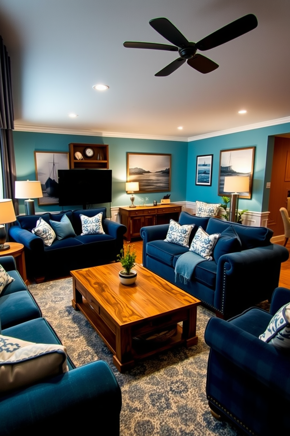 A serene ocean-themed living room featuring shades of blue throughout the decor. The walls are painted a soft aquamarine and adorned with nautical-themed artwork, while plush blue couches invite relaxation. A stylish man cave designed with deep navy accents and rustic wooden furniture. The space includes a large sectional sofa, a reclaimed wood coffee table, and ambient lighting to create a cozy atmosphere.