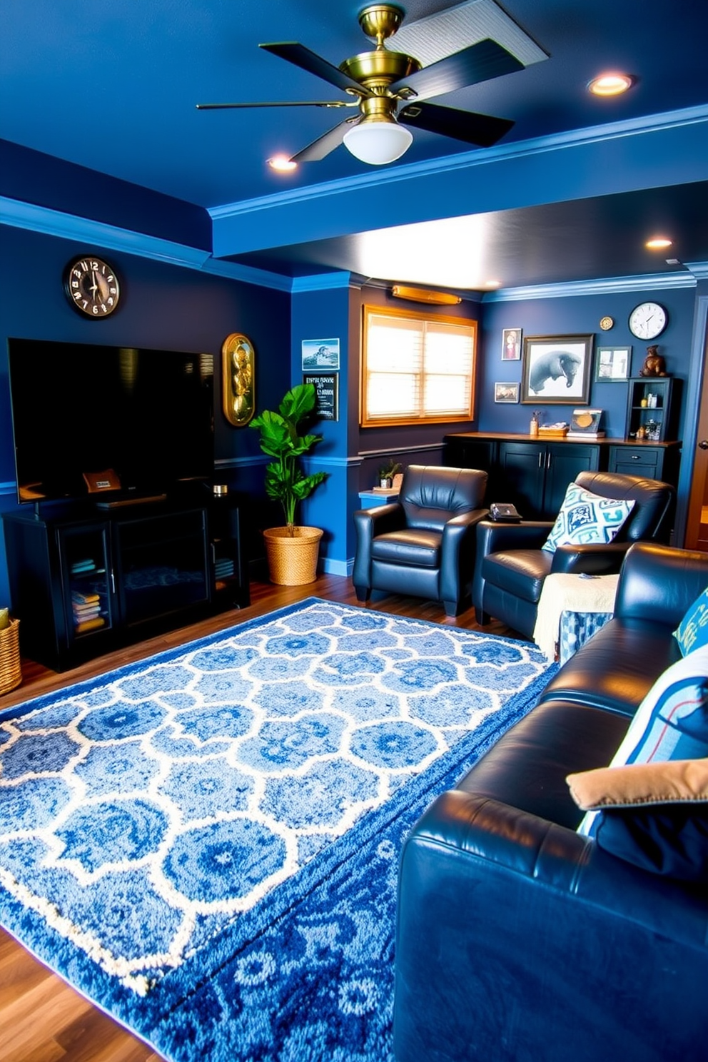 Cozy seating area with blue cushions. A plush sectional sofa is adorned with various blue cushions in different shades and patterns, creating a welcoming atmosphere. The space features a rustic coffee table made of reclaimed wood, surrounded by a soft area rug that adds warmth. A floor lamp with a warm glow stands in the corner, enhancing the cozy vibe of the room. Blue Man Cave Design Ideas. The walls are painted in a deep navy blue, complemented by framed sports memorabilia and artwork that reflect personal interests. A sleek bar cart is positioned against one wall, stocked with favorite beverages and glassware. Comfortable seating options include leather recliners and a gaming chair, ensuring a perfect spot for relaxation and entertainment.