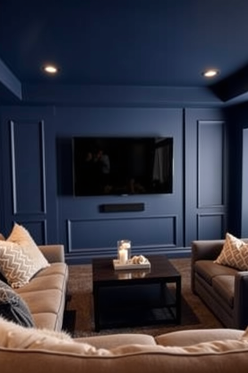 A stylish man cave featuring a wall-mounted flat screen television for movie nights. The room is adorned with deep blue walls, plush seating, and ambient lighting to create a cozy atmosphere.