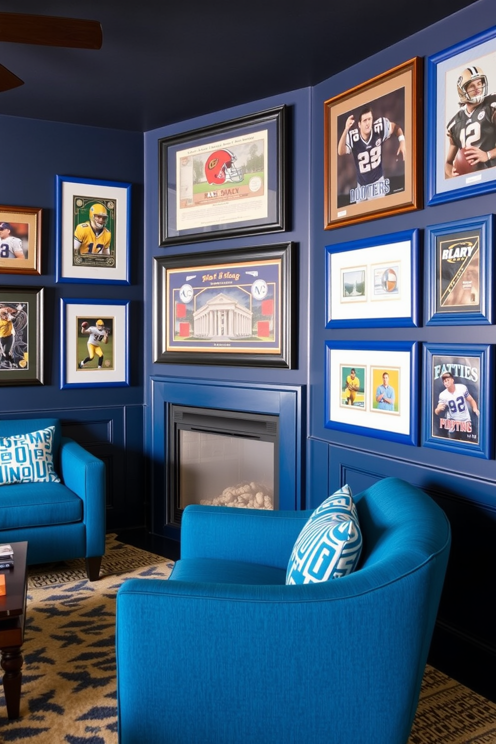 A stylish man cave featuring framed sports memorabilia displayed in vibrant blue frames. The walls are painted in a deep navy, creating a cozy atmosphere perfect for relaxation and entertainment.