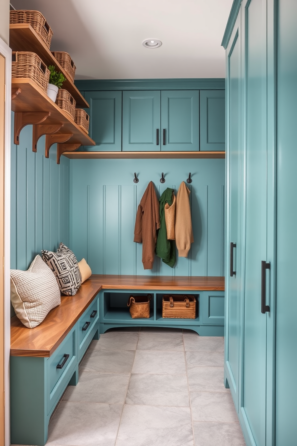 A serene mudroom featuring cerulean blue built-in shelving units that provide ample storage and display space. The walls are adorned with light gray paneling, and the floor is covered with a durable yet stylish slate tile.