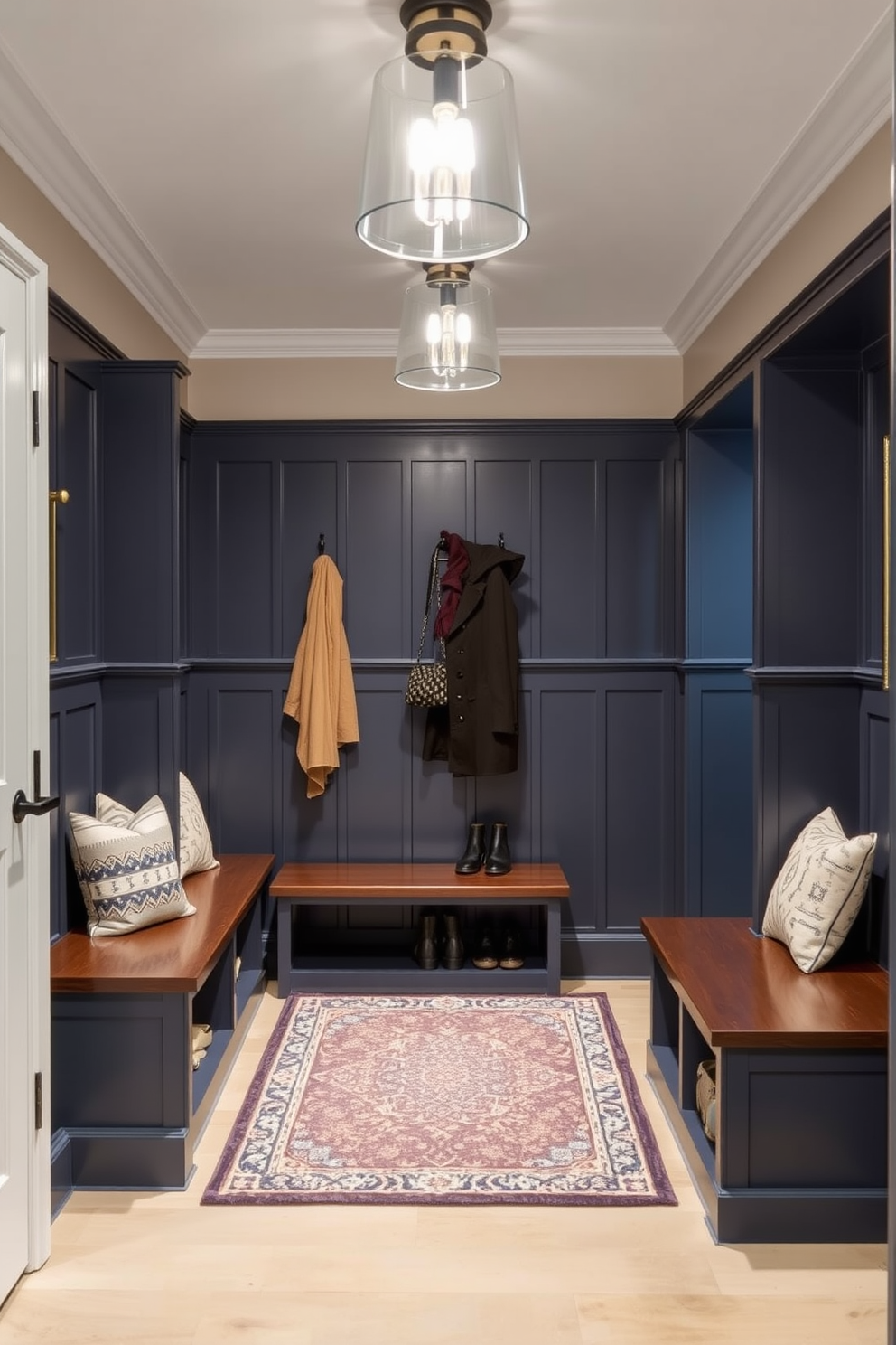 Bright blue area rug for comfort. The mudroom features built-in cubbies for storage and a bench for seating, all accented by bright blue walls that create a cheerful atmosphere.