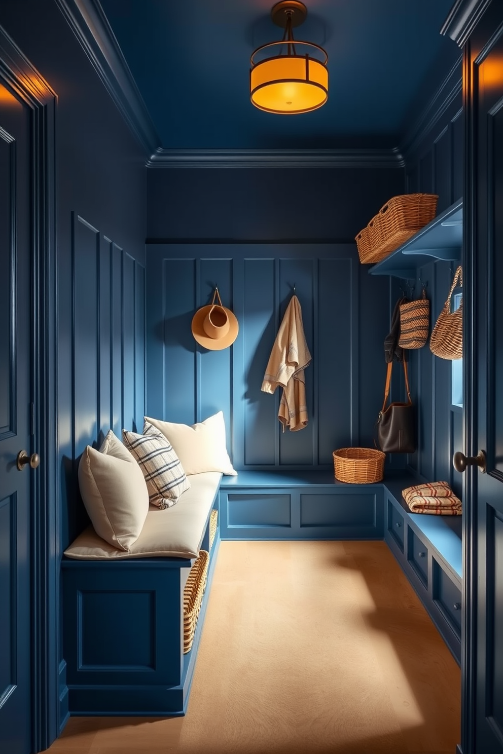 A cozy mudroom featuring a built-in bench adorned with indigo blue decorative pillows. The walls are painted in a soft white, and the floor is covered with a durable gray tile, creating a welcoming and functional space.