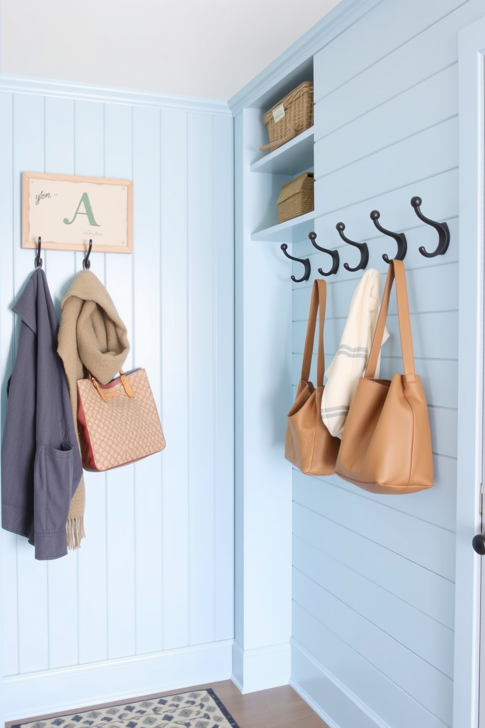 Navy cabinets with brass hardware accents create a striking focal point in the mudroom. The space features a built-in bench with plush cushions and hooks above for hanging coats and bags. The floor is adorned with a durable patterned tile that adds a touch of elegance. Soft lighting illuminates the area, enhancing the rich tones of the navy cabinetry.