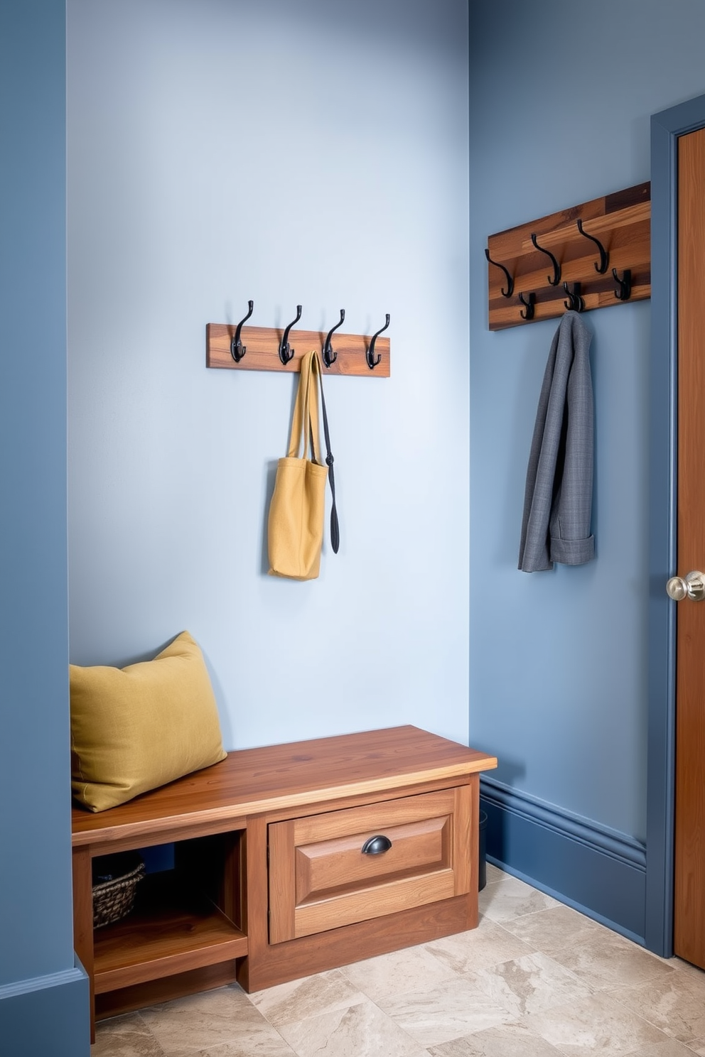 A sapphire blue accent chair is positioned in a stylish mudroom, creating a vibrant focal point. The chair is upholstered in rich fabric, complementing the warm wooden tones of the room. The mudroom features built-in storage with white cabinetry and a bench for convenience. A patterned rug lies beneath the chair, adding texture and warmth to the space.