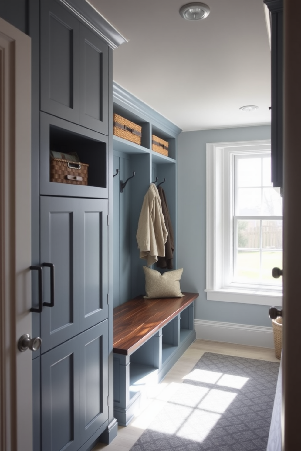 A cozy mudroom featuring a harmonious blend of blue and natural wood elements. The walls are painted in a soft blue hue, complemented by a wooden bench with plush cushions for comfort. Storage solutions include wooden cubbies and hooks for hanging coats and bags, creating an organized yet inviting space. A patterned rug in shades of blue adds a touch of style while providing warmth underfoot.