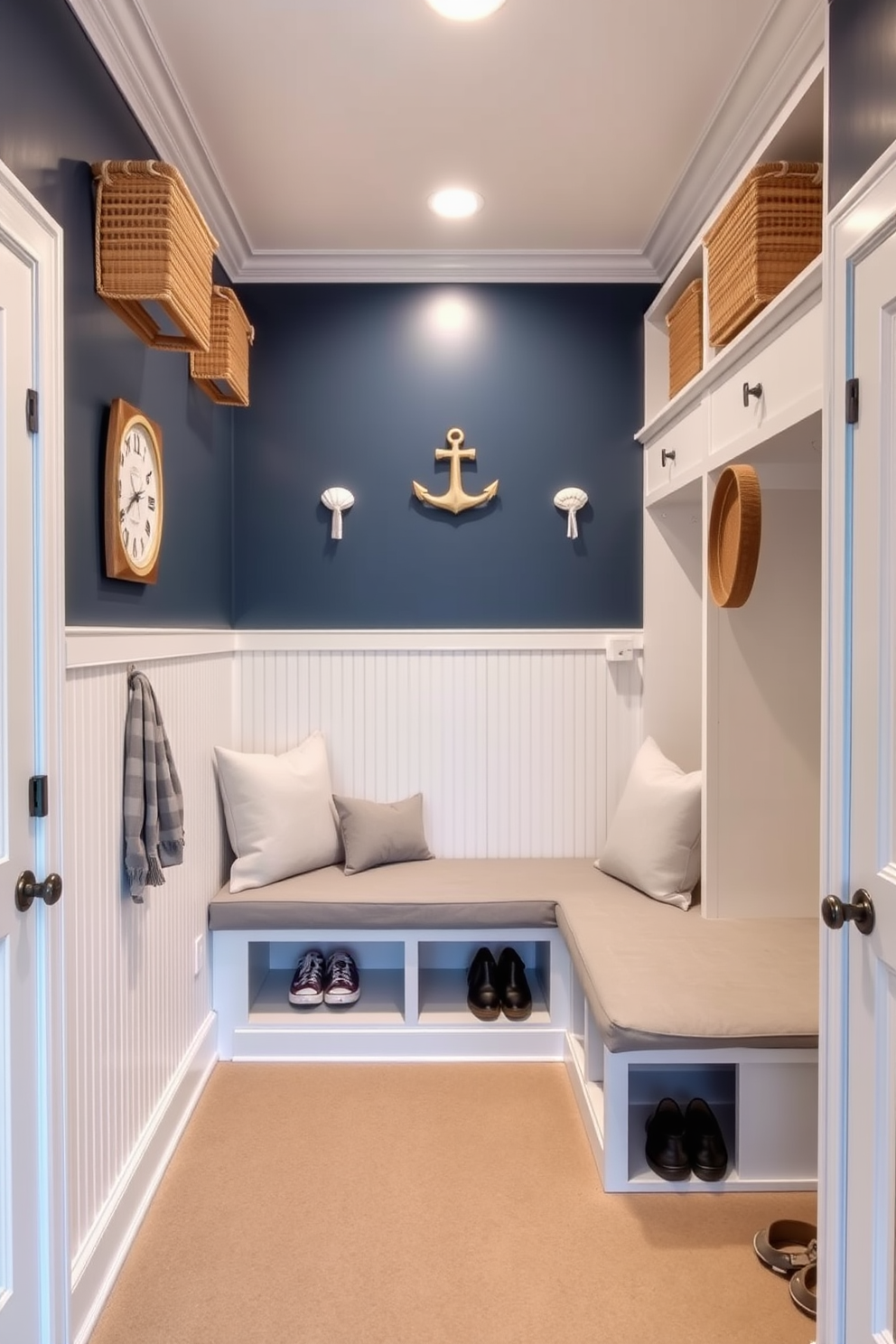 A bright and airy mudroom features soft blue curtains that gently filter natural light, creating a serene atmosphere. The walls are painted in a crisp white, complementing the blue accents and enhancing the spacious feel of the room. The flooring is a durable, light-colored tile that withstands outdoor elements while maintaining a clean aesthetic. Functional storage solutions, including built-in benches and cubbies, provide ample space for shoes and outdoor gear, adding to the room's practicality.