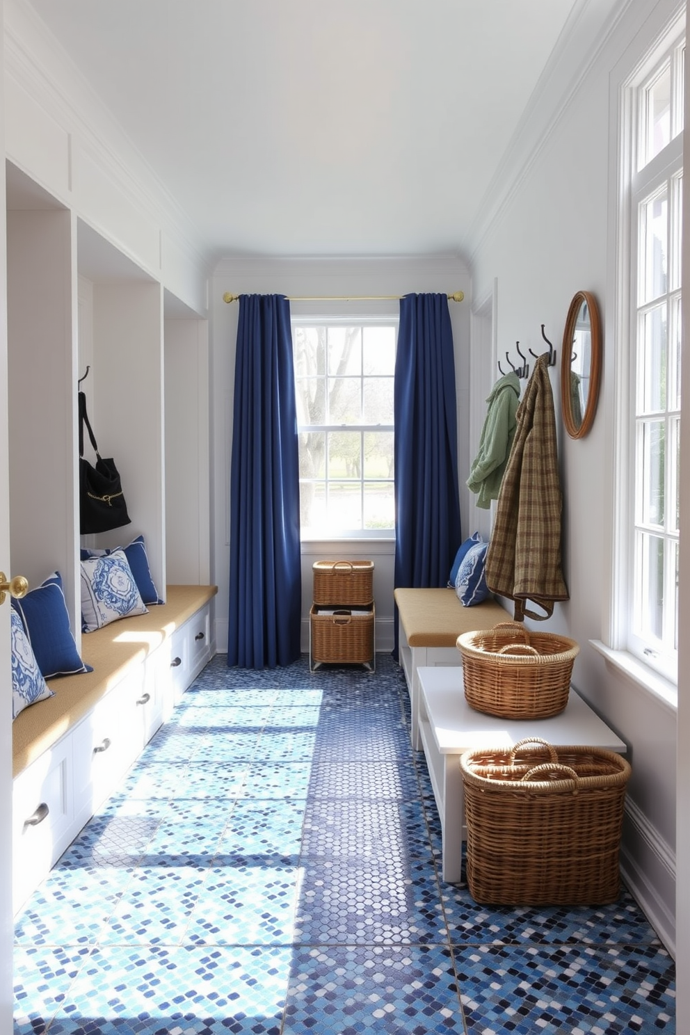 A faded blue mudroom features vintage-inspired cabinetry with distressed finishes. The space is adorned with rustic hooks for coats and a weathered bench for seating. Natural light floods in through a large window, illuminating the textured wall tiles in soft white. A woven basket sits on the floor, providing storage for shoes and outdoor gear.