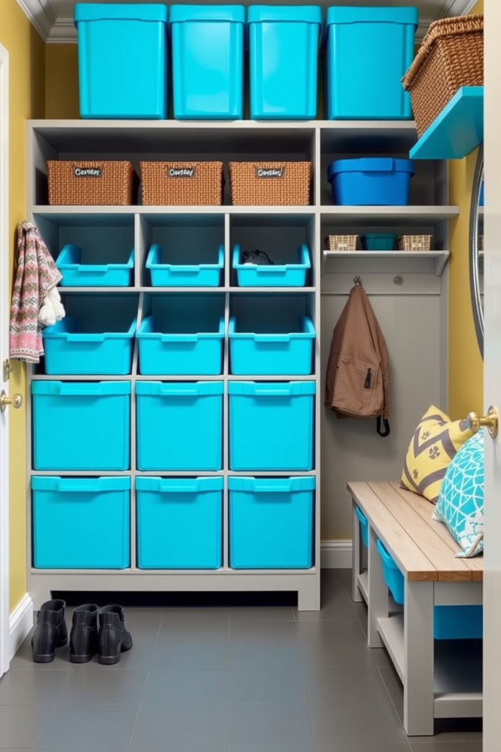 A bright blue accent wall adds a vibrant energy to the space creating a lively atmosphere. The mudroom features built-in benches with storage cubbies and hooks for coats, seamlessly blending functionality with style.