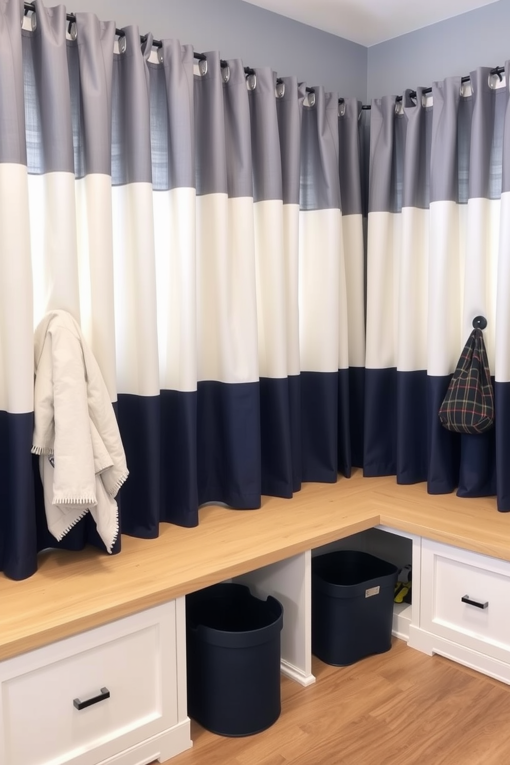 A stylish mudroom featuring blue mosaic tiles that add an artistic touch to the space. The room includes built-in benches with storage underneath and hooks for hanging coats and bags.