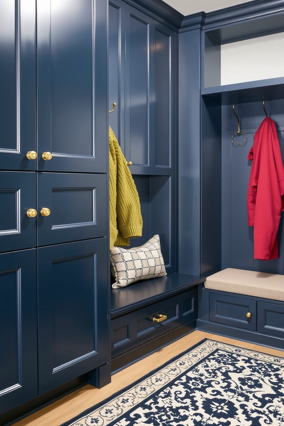 A stylish mudroom featuring a turquoise bench that provides ample storage underneath. The walls are adorned with shiplap in a soft white hue, complemented by rustic hooks for hanging coats and bags.