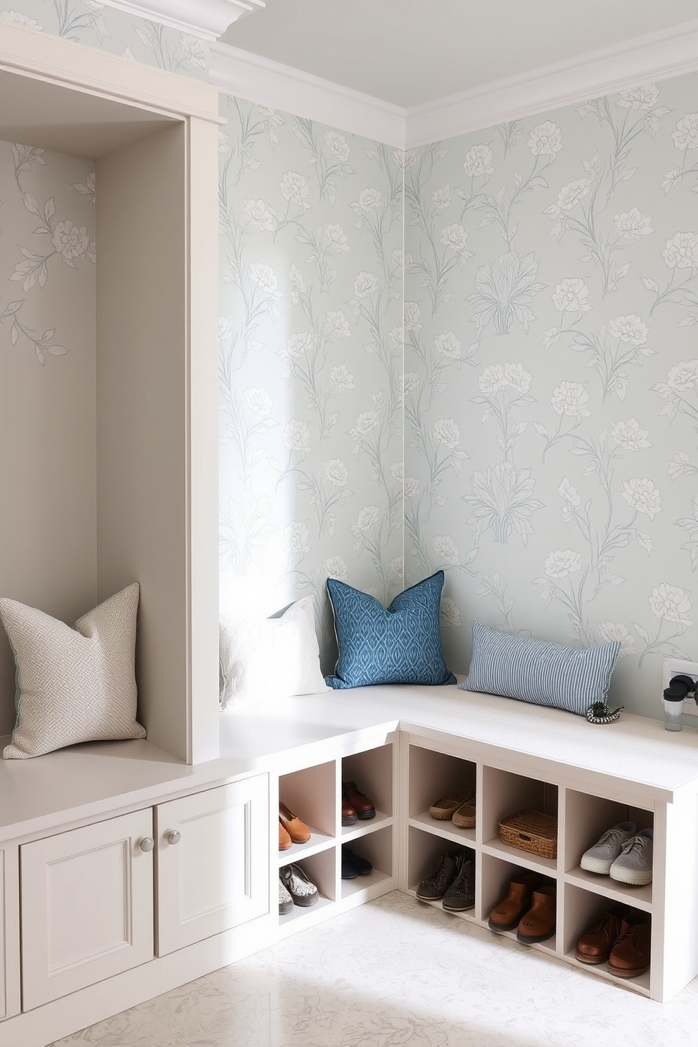 A stylish mudroom features blue and white striped wallpaper that adds a fresh and inviting touch to the space. The room includes a built-in bench with storage underneath and hooks for hanging coats and bags, creating an organized and functional area.