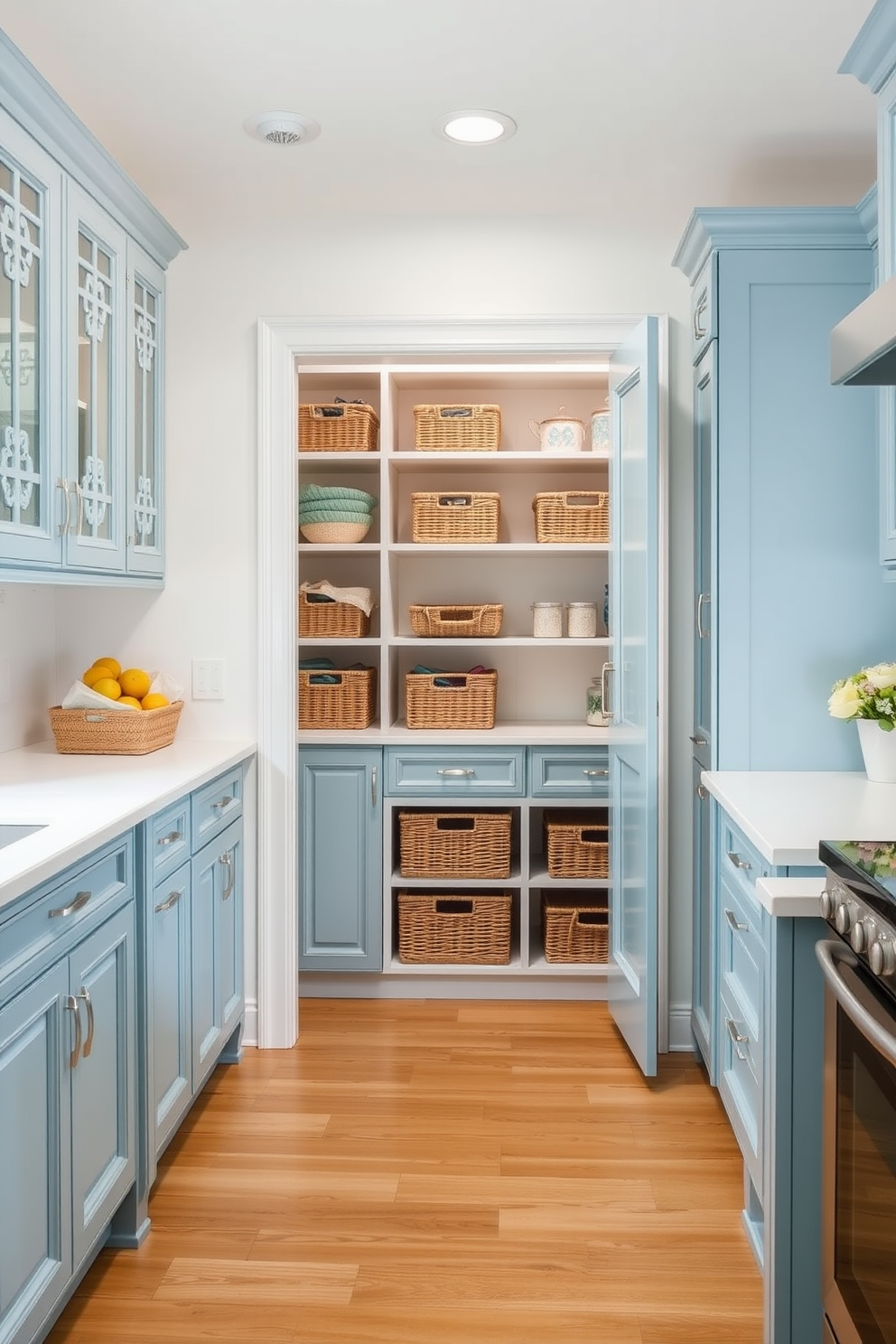 Coastal blue cabinetry with white accents creates a refreshing and airy kitchen atmosphere. The cabinetry features intricate detailing and is complemented by sleek white countertops and hardware. For the pantry design, consider incorporating open shelving with decorative baskets for a functional yet stylish look. The walls can be painted in a soft white to enhance the coastal theme and allow the blue cabinetry to stand out.