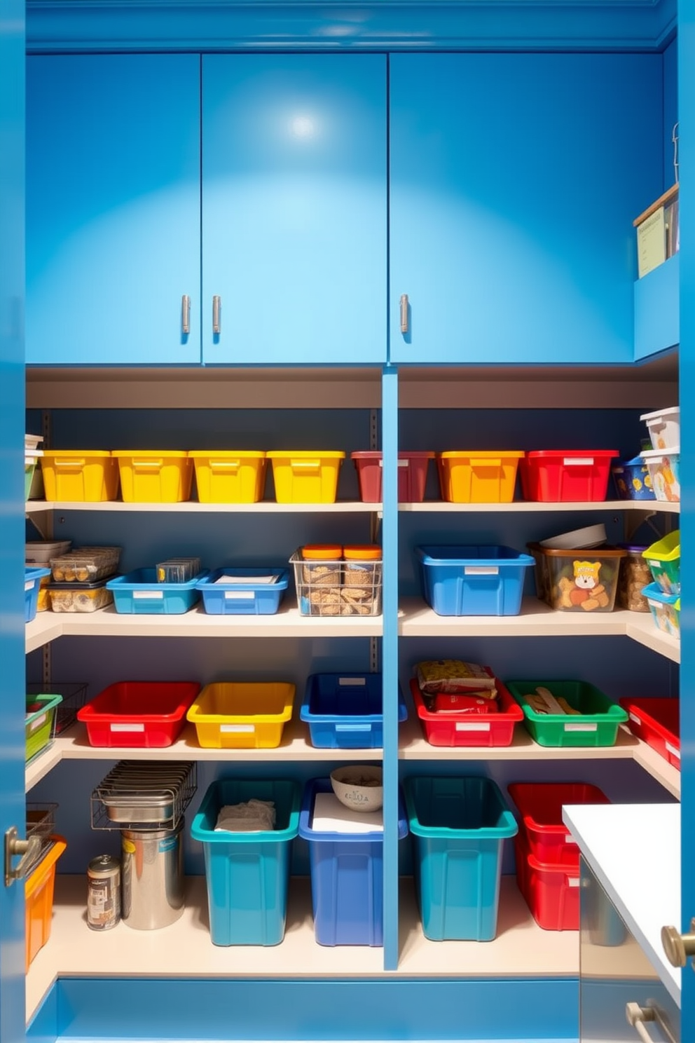 A bright blue pantry features colorful storage bins neatly organized on open shelves. The walls are painted in a vibrant shade of blue, creating a cheerful atmosphere that enhances the overall design.