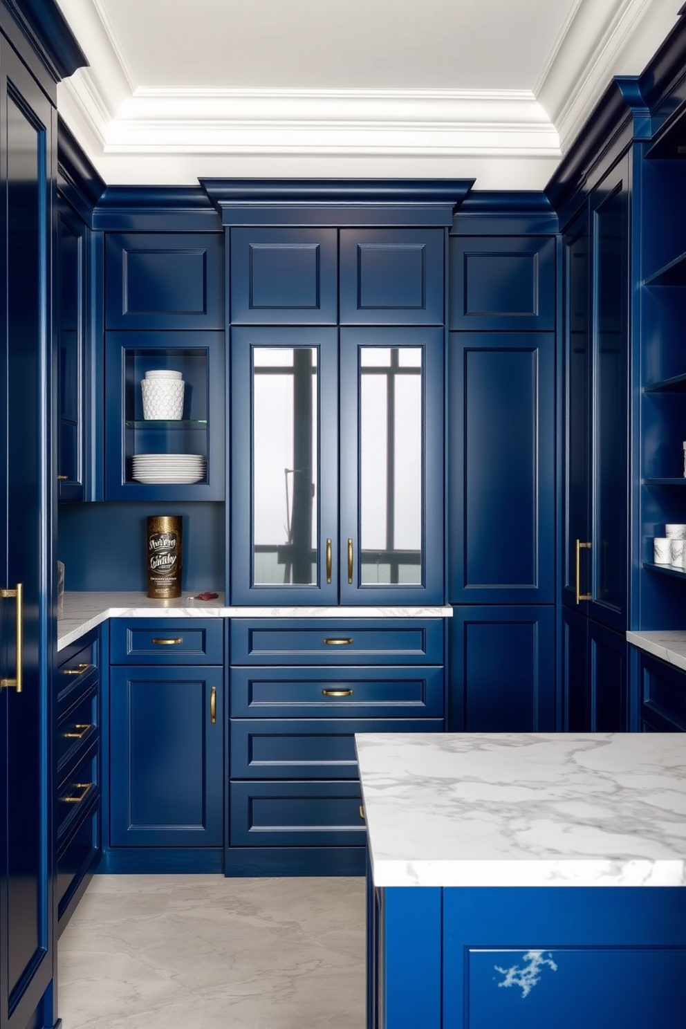 A stunning pantry design featuring deep blue cabinetry that exudes elegance and sophistication. The marble countertops provide a luxurious contrast, creating a perfect blend of style and functionality.