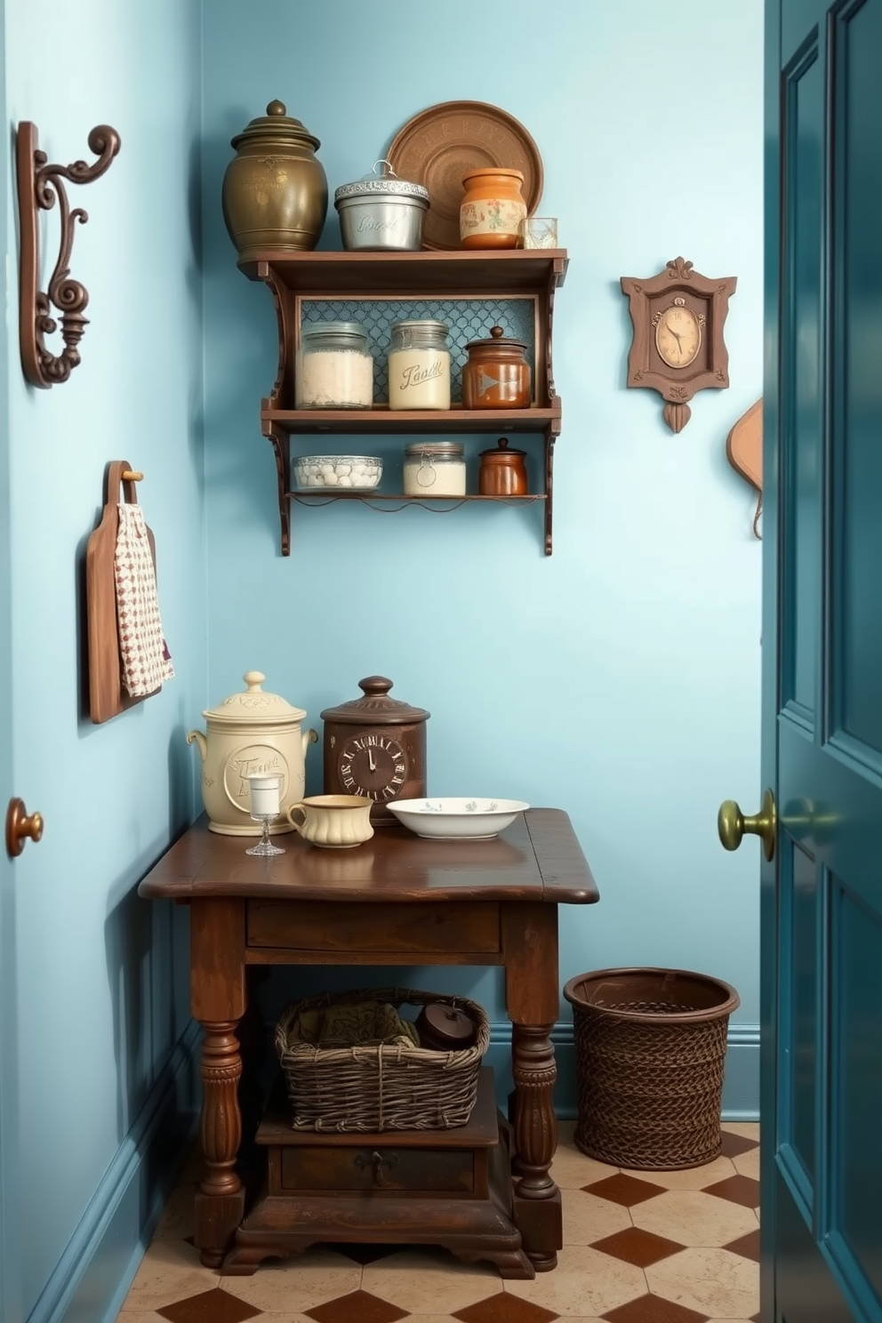 A cozy blue pantry with soft pastel blue walls creates a serene atmosphere. Vintage decor accents such as ornate shelving, antique jars, and a rustic wooden table enhance the charm of the space.