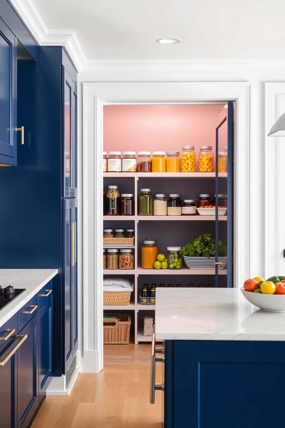 Bright navy cabinets with contrasting white trim create a striking focal point in the kitchen. The pantry features open shelving adorned with neatly organized jars and vibrant produce for a fresh and inviting look.