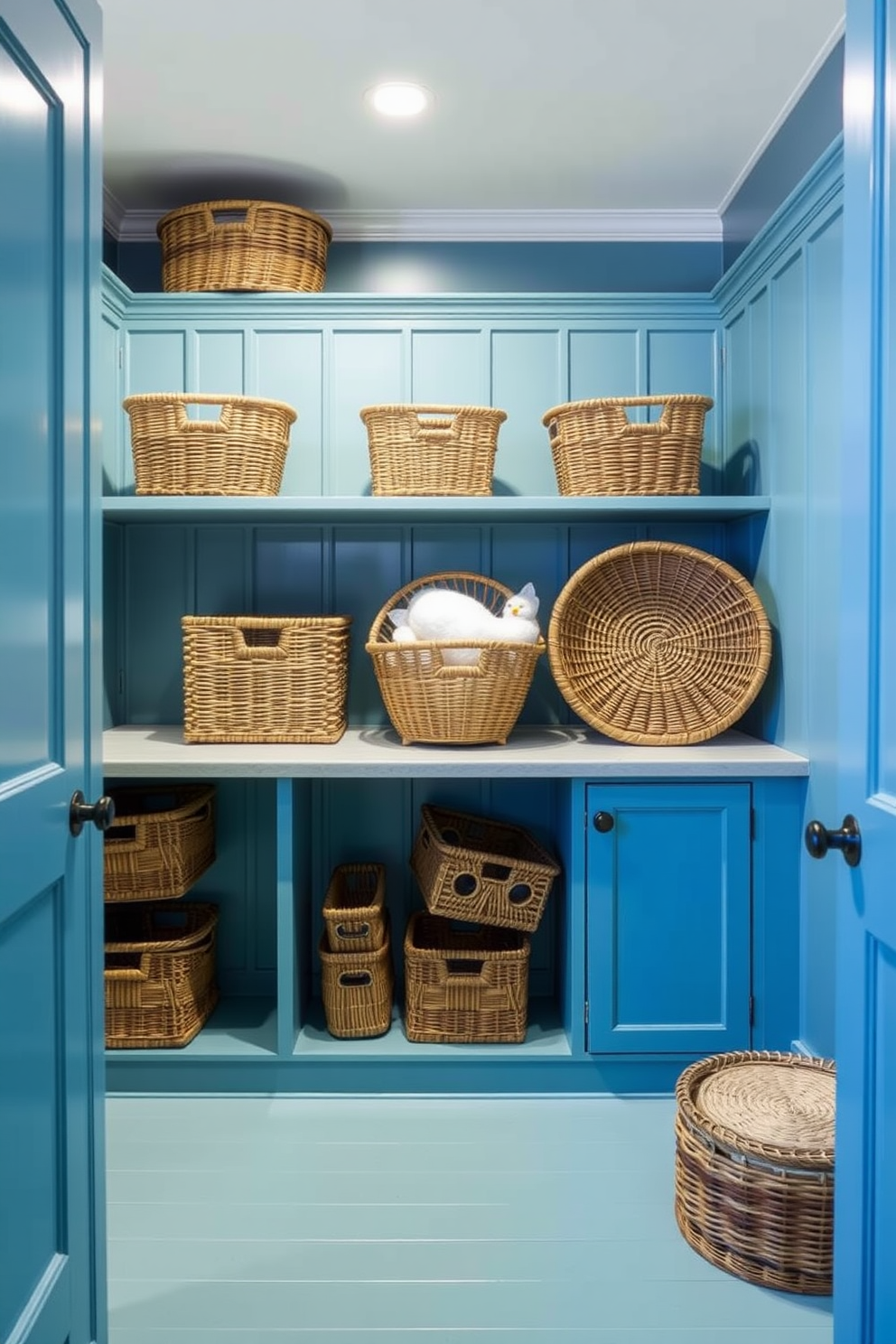 A serene ocean blue pantry featuring woven baskets for storage. The walls are painted in a calming ocean blue hue, creating a tranquil atmosphere.