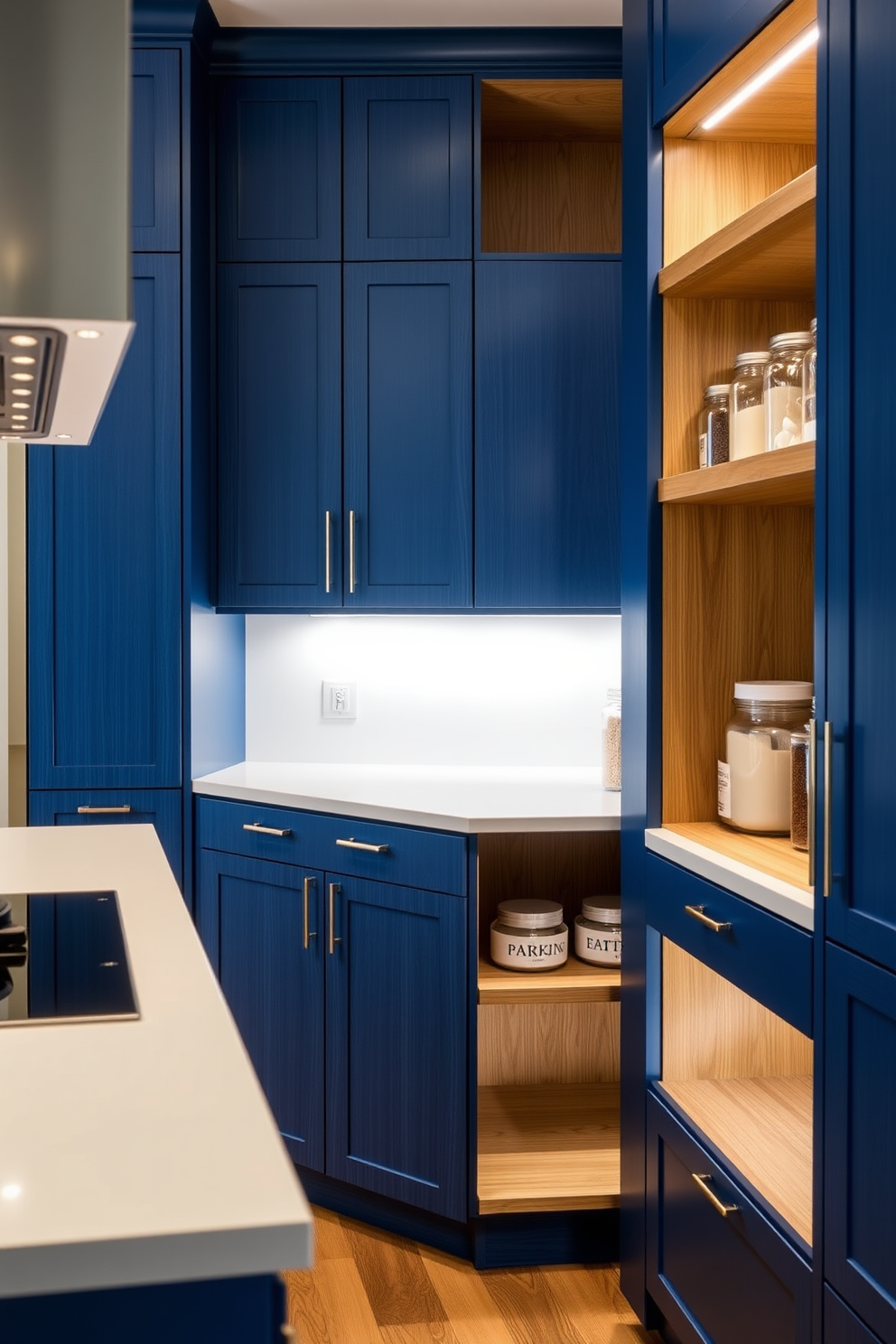 Sleek blue cabinetry lines the walls of a modern kitchen, featuring integrated lighting that highlights the rich texture of the cabinetry. The countertops are a crisp white, creating a striking contrast that enhances the overall elegance of the space. The pantry design features open shelving made of natural wood, providing a warm and inviting feel. Glass containers neatly display pantry staples, while soft LED lighting illuminates the shelves, adding functionality and style.