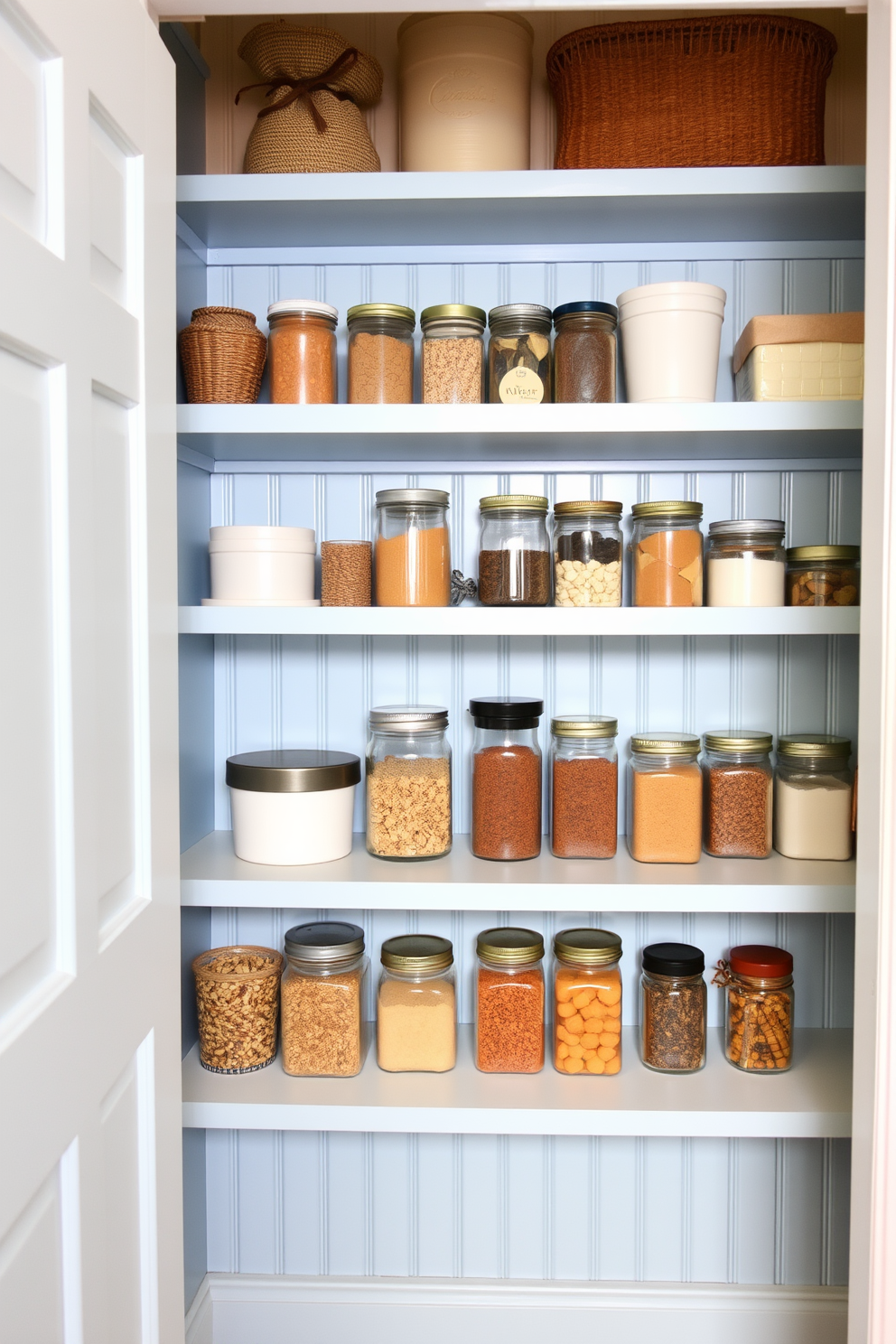 A serene ocean blue pantry featuring a minimalist design. The cabinetry is sleek with clean lines, and the countertops are made of white quartz for a fresh contrast. Open shelving displays neatly arranged jars and containers, emphasizing organization and simplicity. Soft ambient lighting highlights the space, creating a calm and inviting atmosphere.