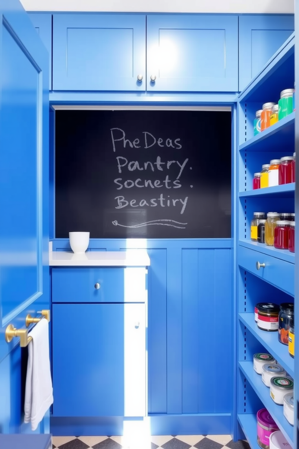 A vibrant blue pantry features a chalkboard wall that adds a playful touch to the space. The cabinetry is sleek and modern, with open shelving displaying colorful jars and kitchenware.