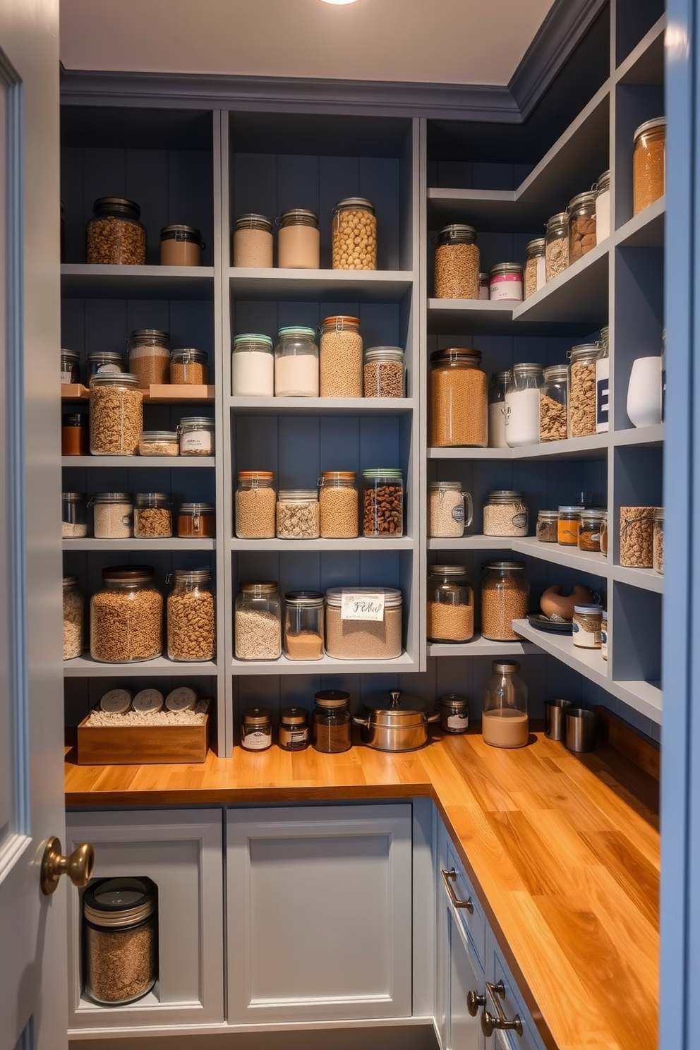 A cozy pantry with soft periwinkle walls that create a calming atmosphere. The warm lighting highlights the shelves filled with neatly organized jars and containers. A wooden countertop extends across the space, providing ample room for meal prep and storage. Decorative elements like potted herbs and a stylish rug add charm and functionality to the design.