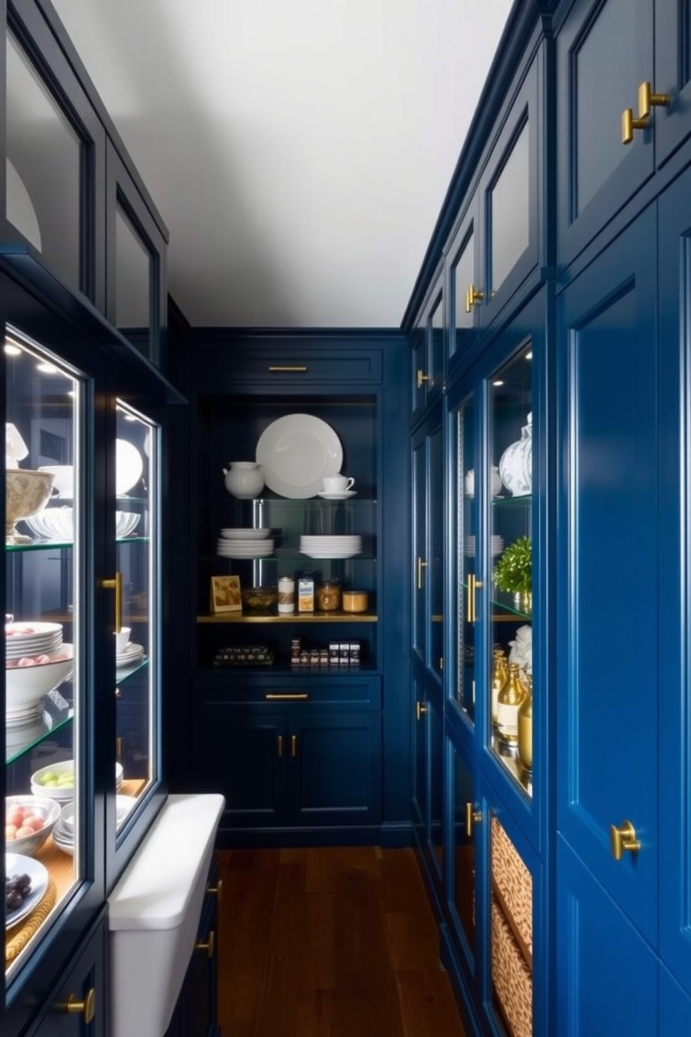 An elegant blue pantry features glass display cases showcasing fine china and gourmet ingredients. The cabinetry is adorned with brushed gold hardware, and the walls are painted in a rich navy hue for a sophisticated touch.