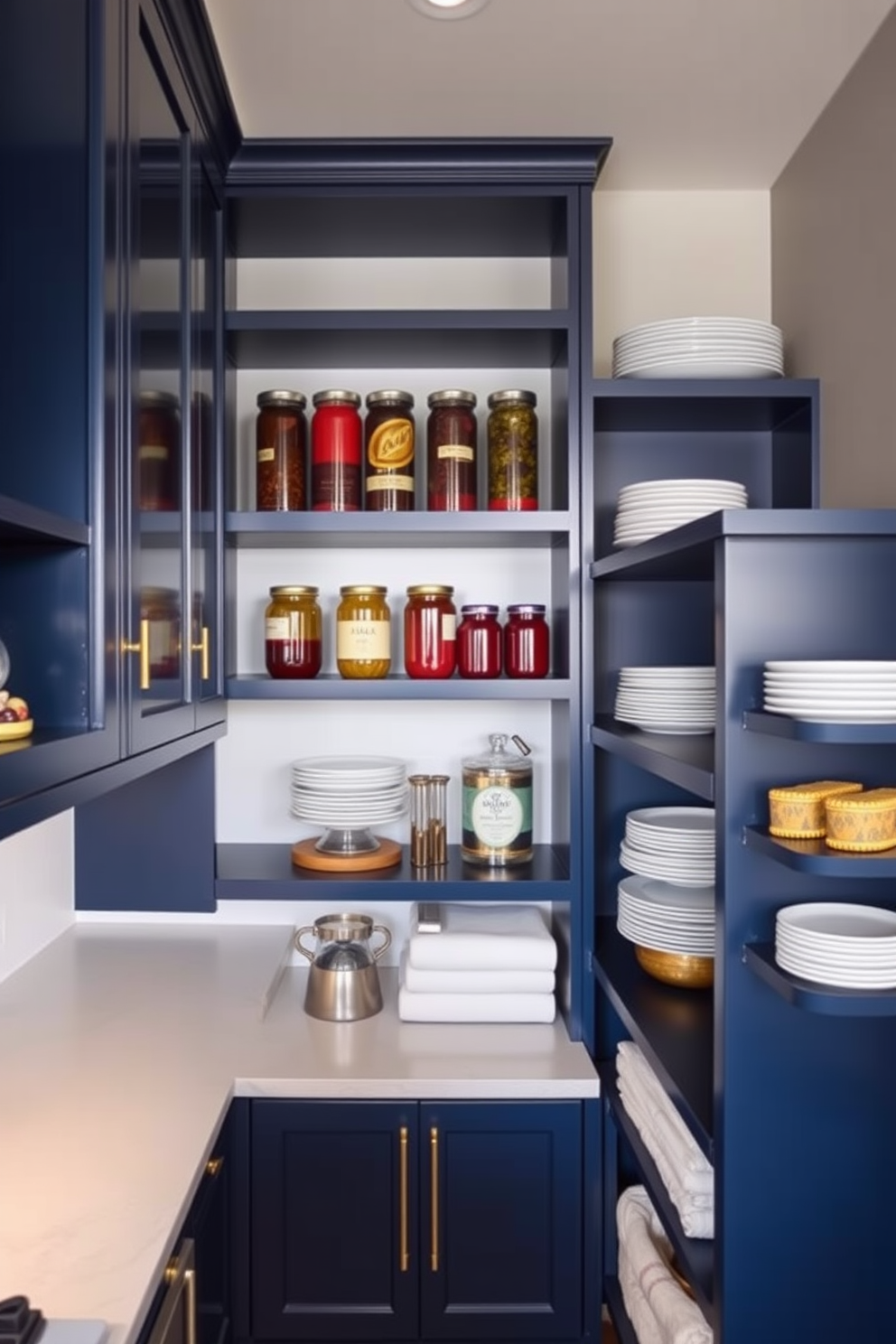 Bright turquoise shelves create a vibrant contrast against the white walls of the pantry. The shelves are filled with colorful jars and containers, adding a playful touch to the organized space. The pantry features a sleek design with ample storage and easy accessibility. Soft lighting highlights the turquoise shelves, making the area feel inviting and cheerful.